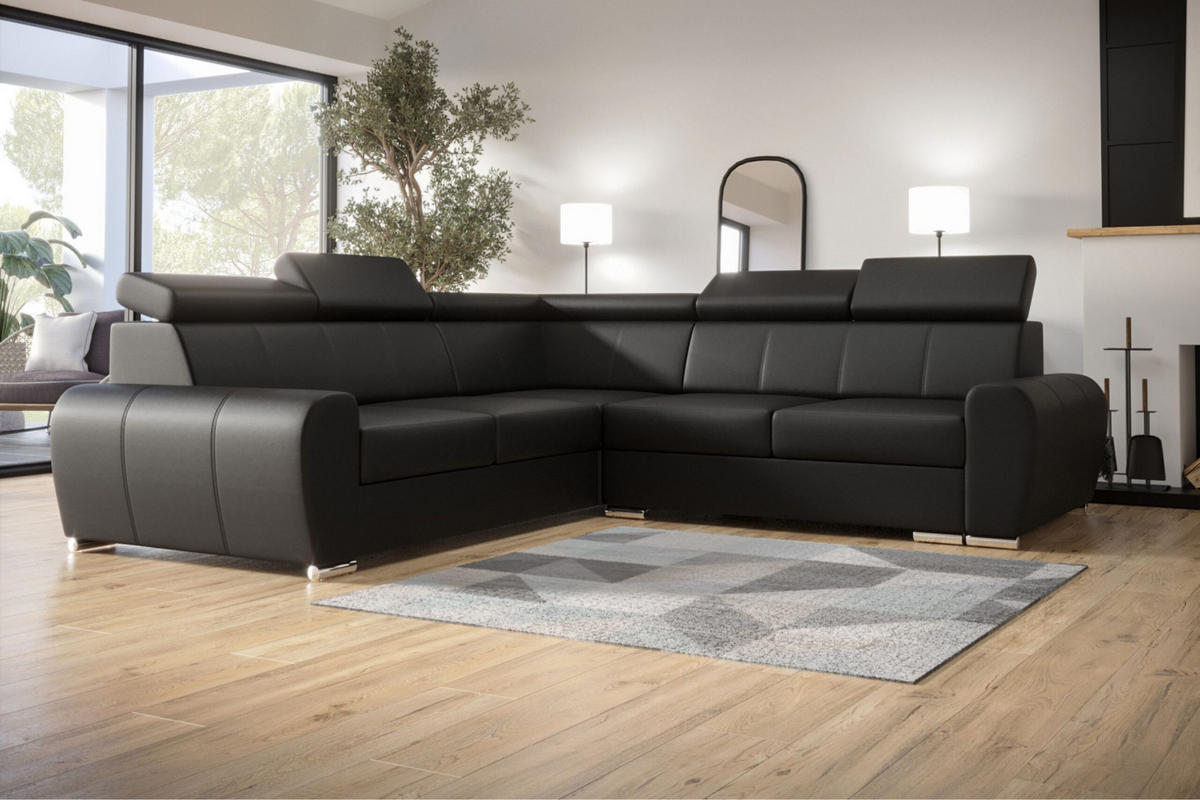 ECKSOFA APOLLO,mit Schlaffunktion und Bettkasten, Farbe: Schwarz, Kunstleder, Ottomane Links - Schwarz, Textil (255/255cm) - O-Sofa