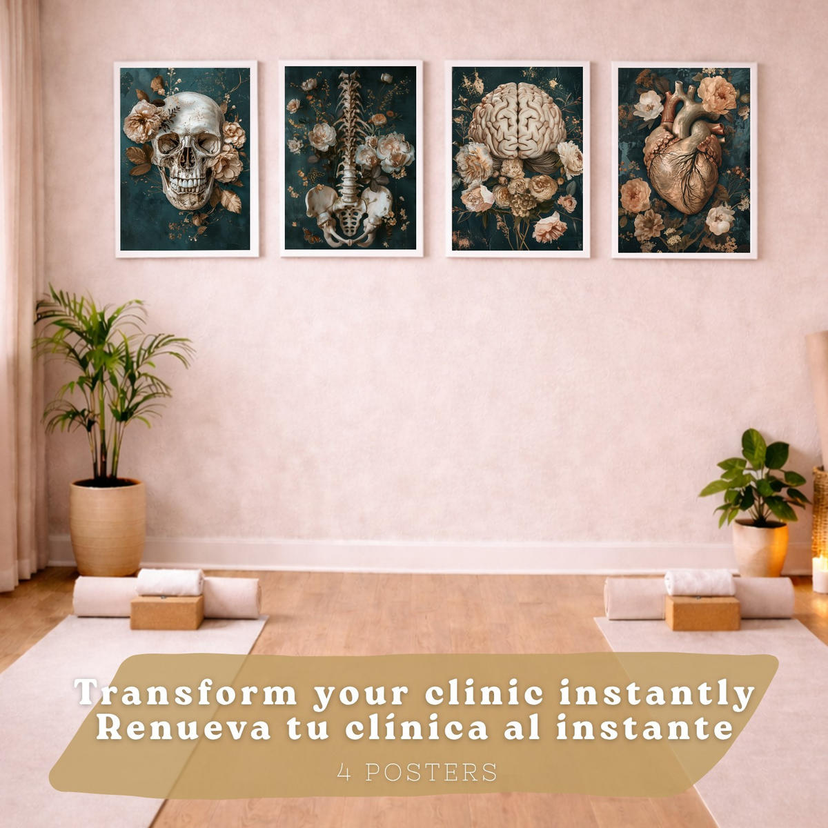 POSTER Set aus 4 Anatomie Drucke und Wandbilder mit Schädel Herz Gehirn Wirbelsäule Skelett Becken Klassisches Florales Design Größe Weißer Rahmen A4 - Weiß, Papier (21/29.7/3cm) - Nacnic