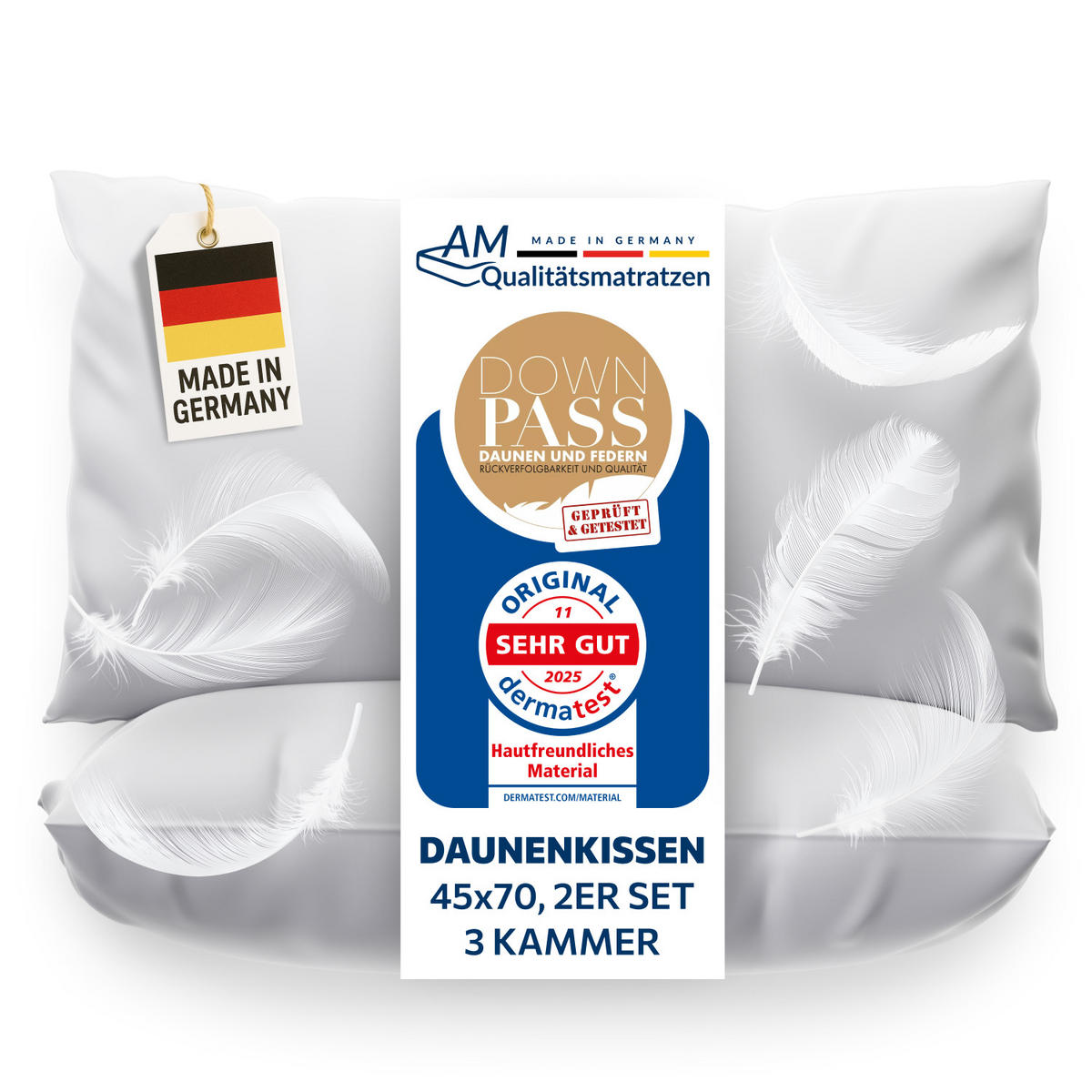 DAUNENKISSEN 45x70 2er Set im 3-Kammer-System Made in Germany & DOWNPASS Zertfiziert - Weiß, Textil (45/70cm) - AM Qualitätsmatratzen