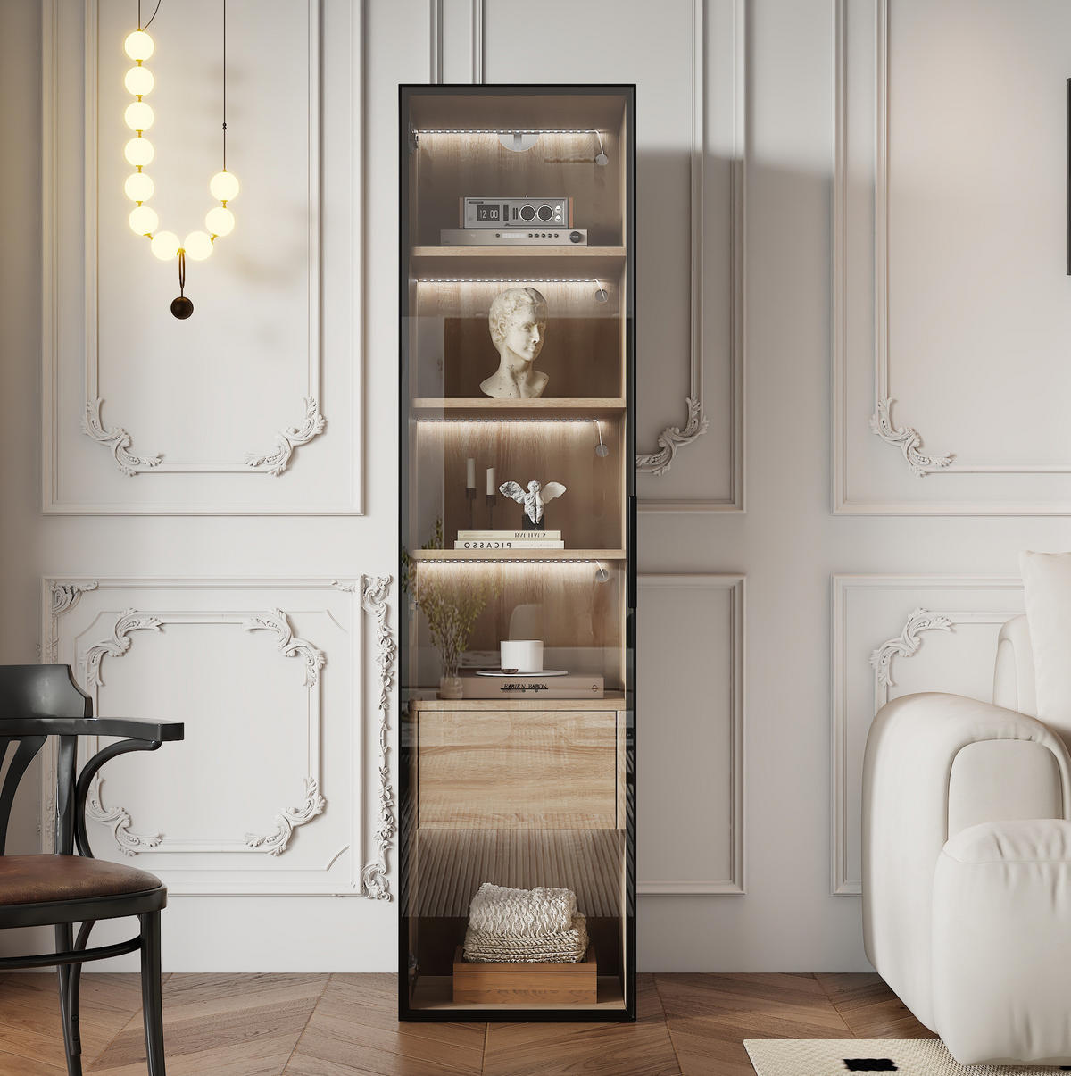 HOCHSCHRANK 40 cm aus MDF mit Lichtleiste und Glastür Naturfarben - Naturfarben, Holzwerkstoff (40/165/34.5cm) - Modenvie