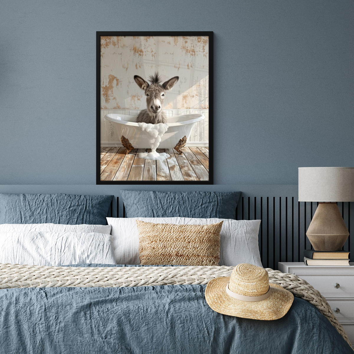 GERAHMTES BILD Esel - Tiere - Badewanne - Schaumstoff 60x80 cm - Weiß, Papier (60/80cm) - MuchoWow