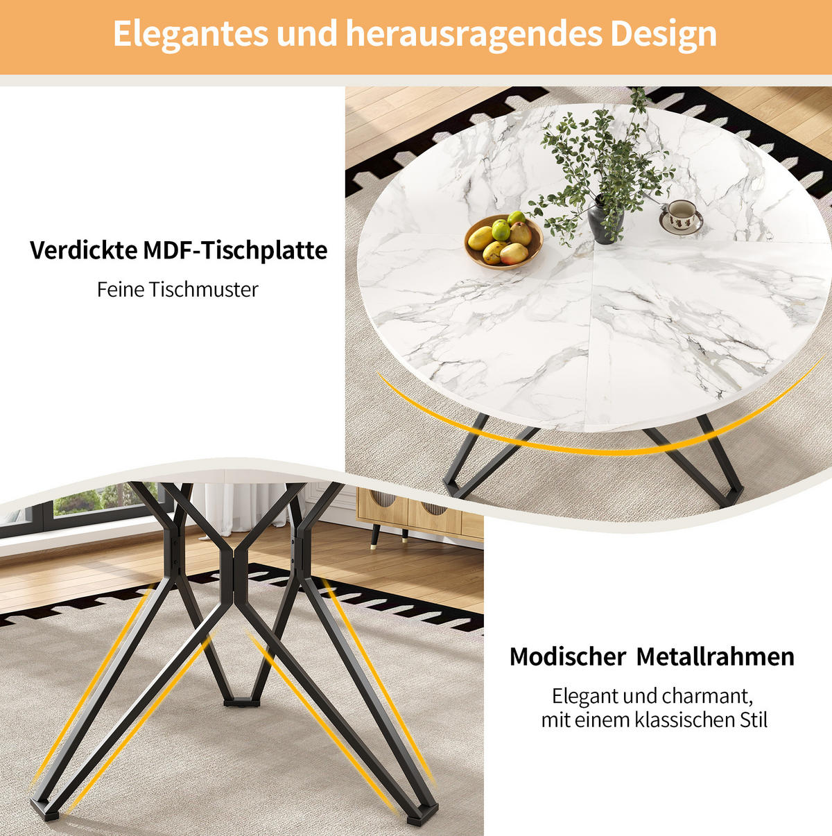 ESSTISCH rund, MDF mit Marmoroptik & Metallgestell, 100/100/76 cm, Schwarz - Schwarz, Holzwerkstoff (100/100/76cm) - Redom