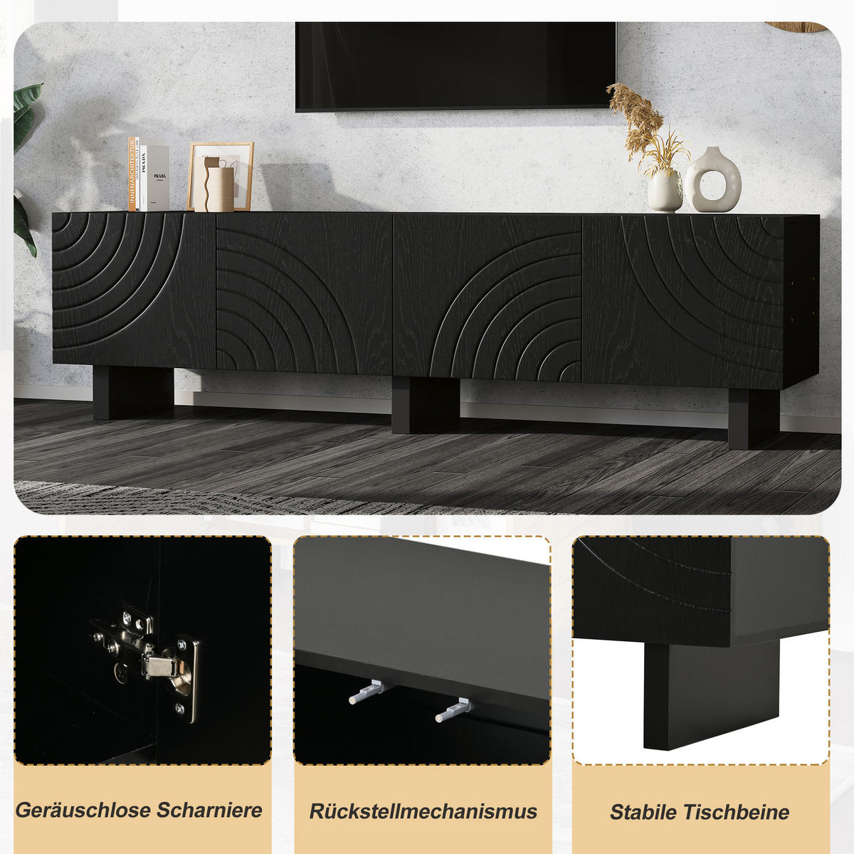 LOWBOARD in Schwarz TV-Schrank mit 2 Ablagen, für 75-Zoll-Fernseher , B180/T40/H55 cm - Schwarz, Holzwerkstoff (180/55/40cm) - STILVORA