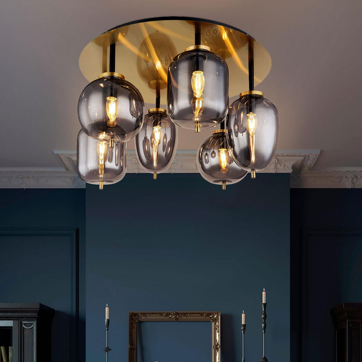 DECKENLEUCHTE Metall Glas Grau 6 Flammig - Grau, Glas (65/65/38cm) - Globo Lighting