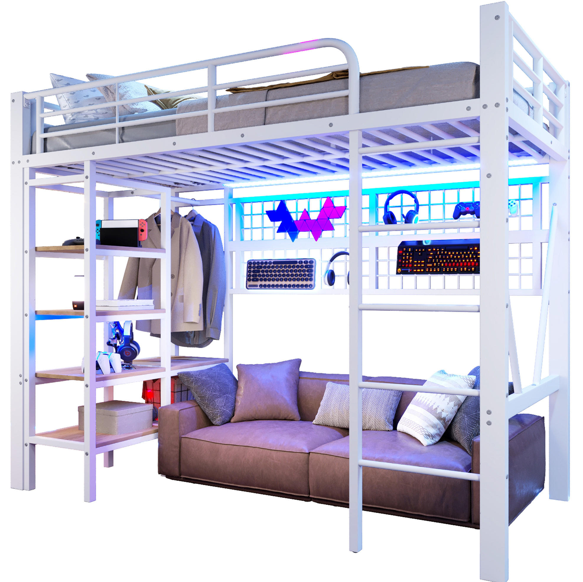 HOCHBETT 90/200 cm in Weiß – mit Schreibtisch, Stauraumleiter und LED - Weiß, Metall (90/200cm) - BEAOK