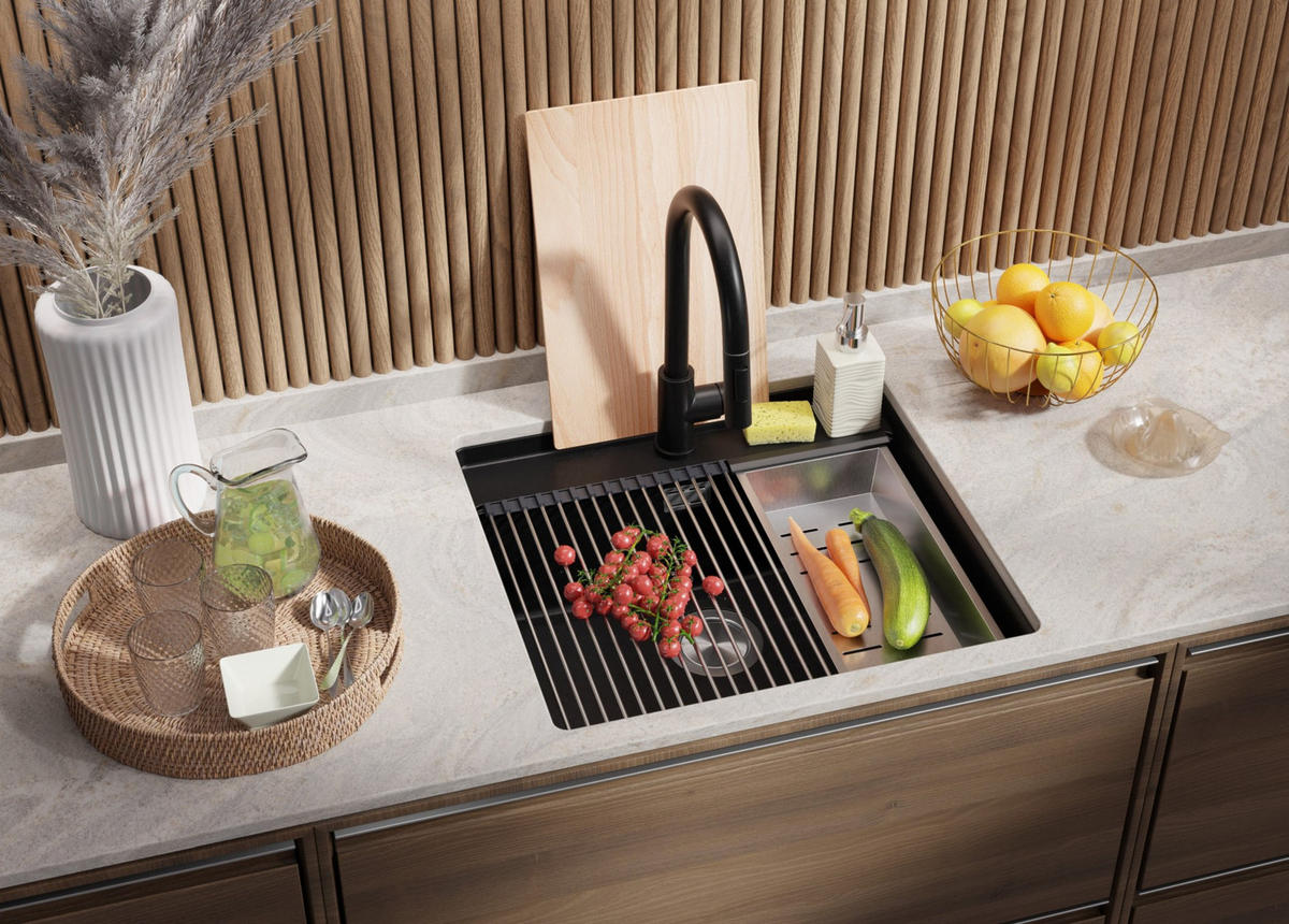 UNTERBAUSPÜLE GRANIT Bergen, 2-er set Alles Schwarz 56/53 cm 1 Becken + Küchenarmatur 40/20 cm + Ablauf-Set + Schneidebrett ab 60er Unterschrank - Schwarz, Kunststoff (56/20/53cm) - Primagran