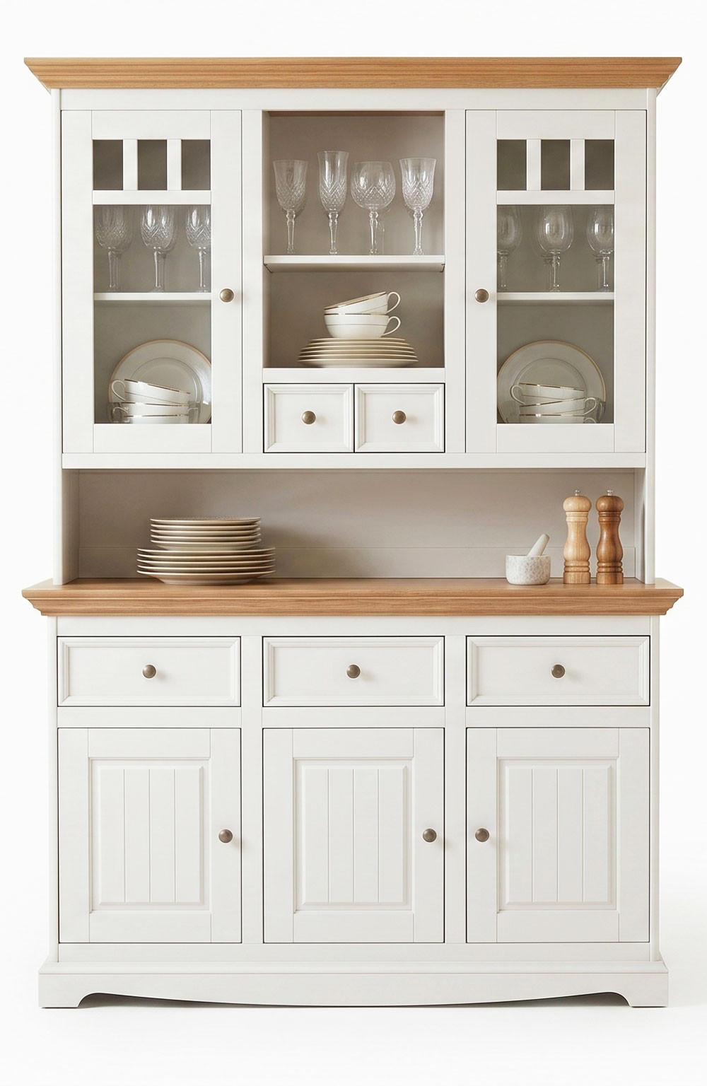BUFFETSCHRANK Belluno Elegante Kiefer weiß (RAL9010) lackiert / Kiefer gebeizt, Eichefarben 130 / 45 / 190cm - Eichefarben/Weiß, Holz/Metall (130/190/45cm) - Feldmann-Wohnen