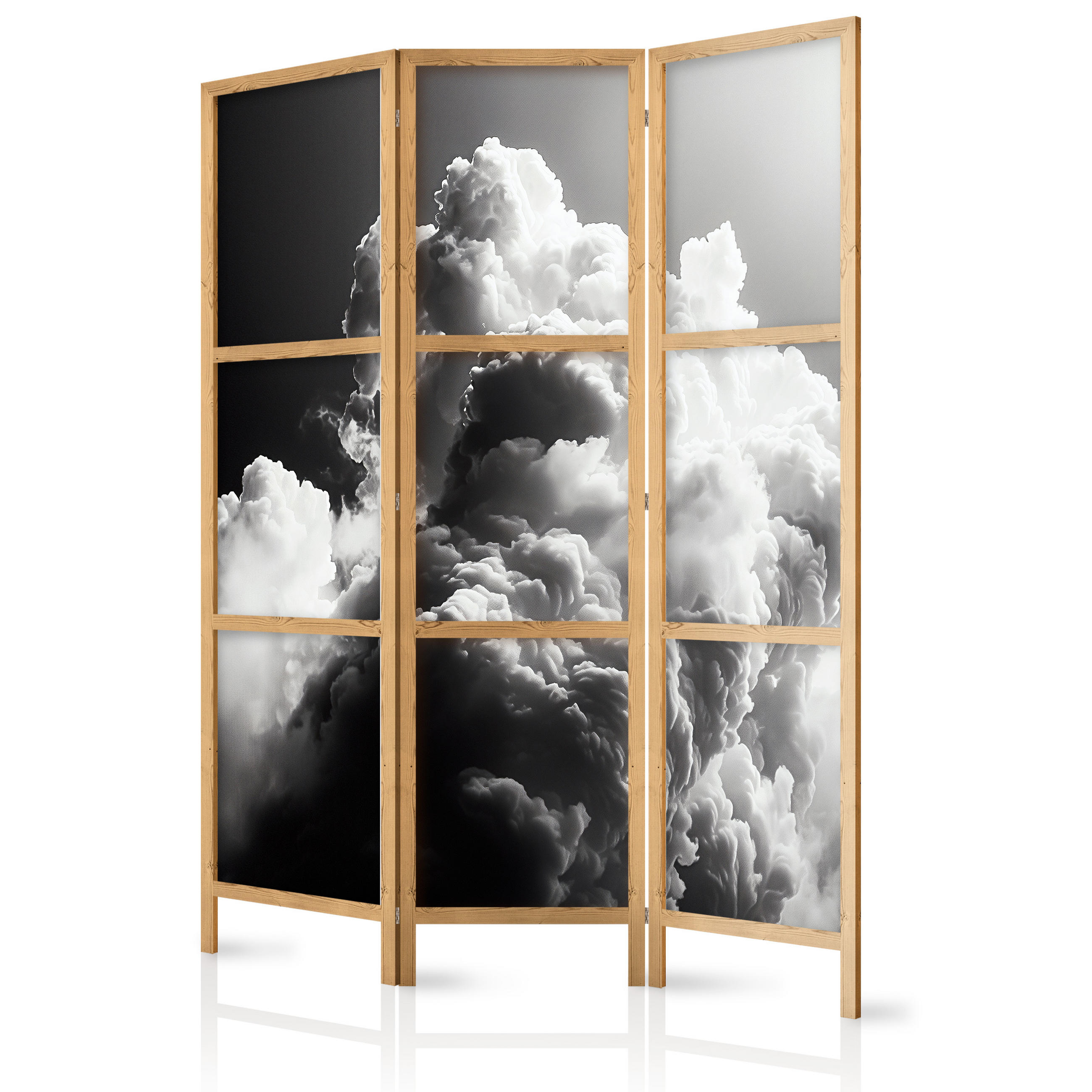 PARAVENT Japanischer 3-tlg 135x172 cm Schwarz-Wei e Wolken - Grau, Holz/Textil (135/172/3cm) - Muralo