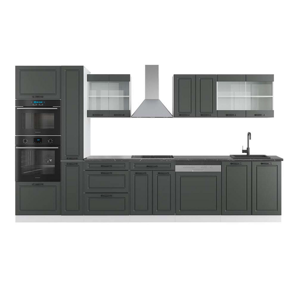 KÜCHENZEILE R-Line Anthrazit Landhaus/Weiß 350 cm mit Hochschrank AP Anthrazit - Anthrazit/Weiß, Holzwerkstoff (350/81.6/60cm) - Vicco