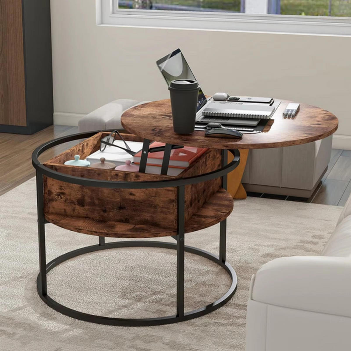 COUCHTISCH rund höhenverstellbar Landhausstil versteckter Stauraum Holz Grau - Grau, Holz (80/80/60cm) - Kaket