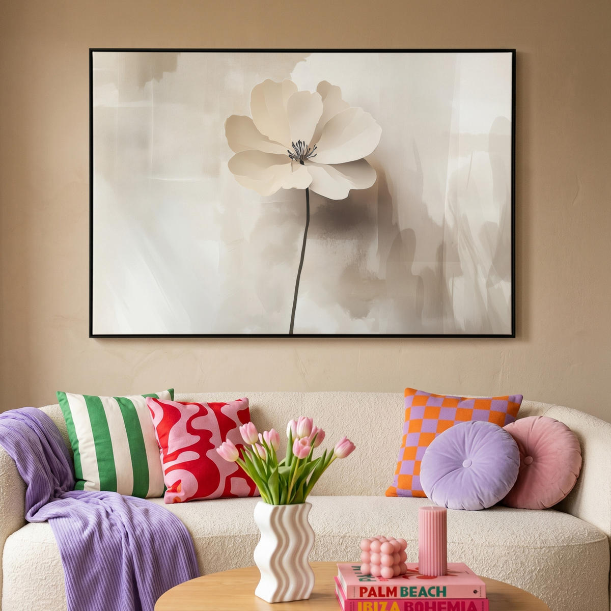 LEINWAND Bilder mit Rahmen - Blume - Beige - Farbe - Schatten - 150x100 - Creme, Textil (150/100cm) - MuchoWow
