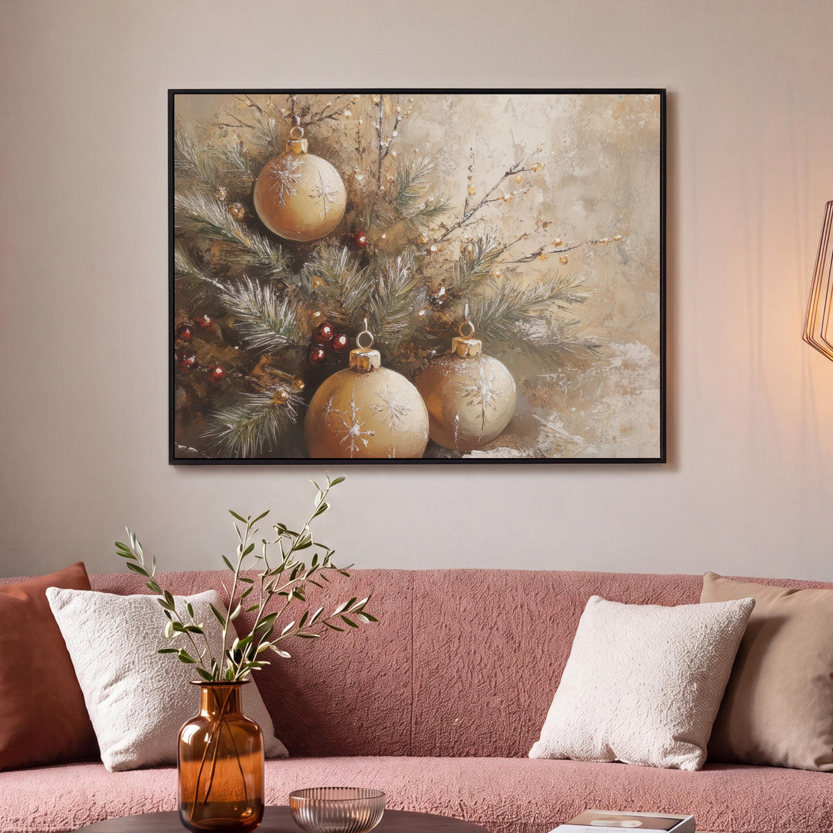 LEINWAND Bilder mit Rahmen - Weihnachten - Kugeln - Beige - Gold - 100x70 - Goldfarben, Textil (100/70cm) - MuchoWow