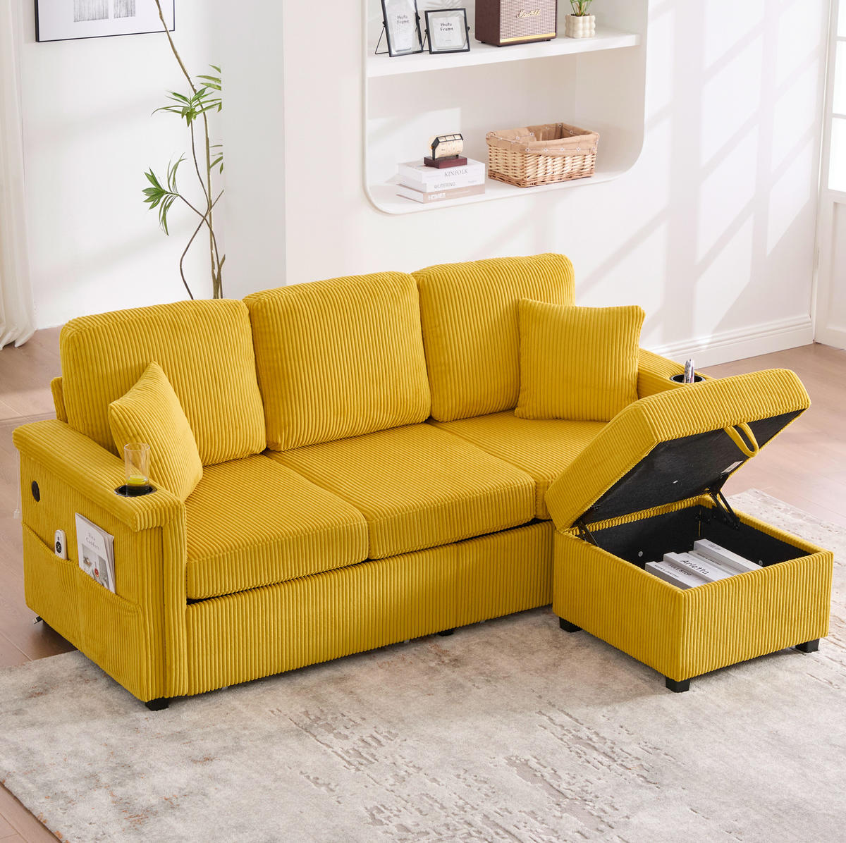 SOFA mit LED und USB/Type-C 194 x 73 x 81 cm Mustard Yellow - Gelb, Kunststoff (194/81/73cm) - Meubliv