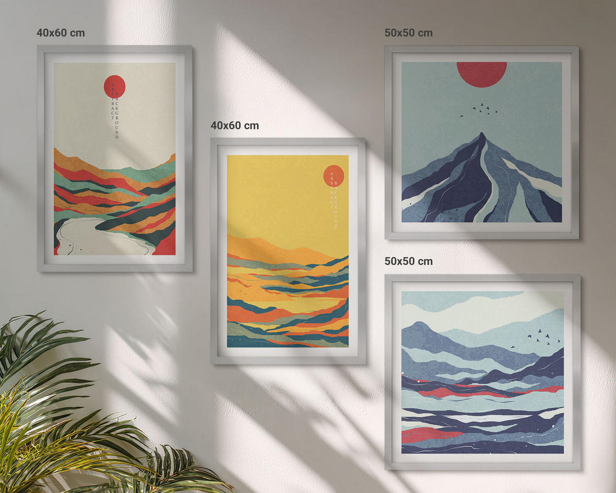 BILDER SET 4er Set - 50x50 cm & 40x60 cm Silberner Rahmen - Farbenfrohe abstrakte Flussberge - Silberfarben, Kunststoff (50/50cm) - TULUP