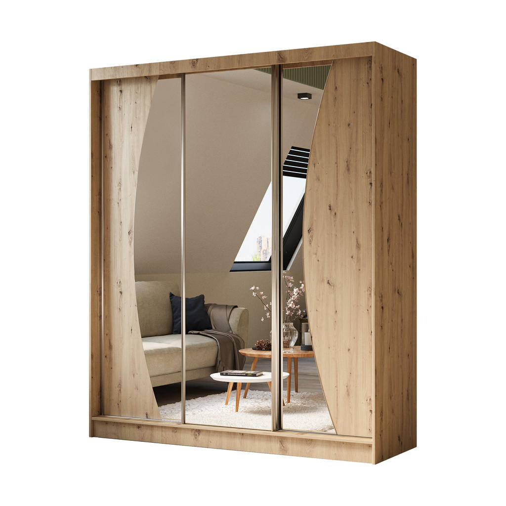 ALTDECOR ŠATNÍ SKŘÍŇ se zrcadlovými posuvnými dveřmi a hliníkovými lamelami, LED osvětlení – VOXI – 180 cm dub artisan