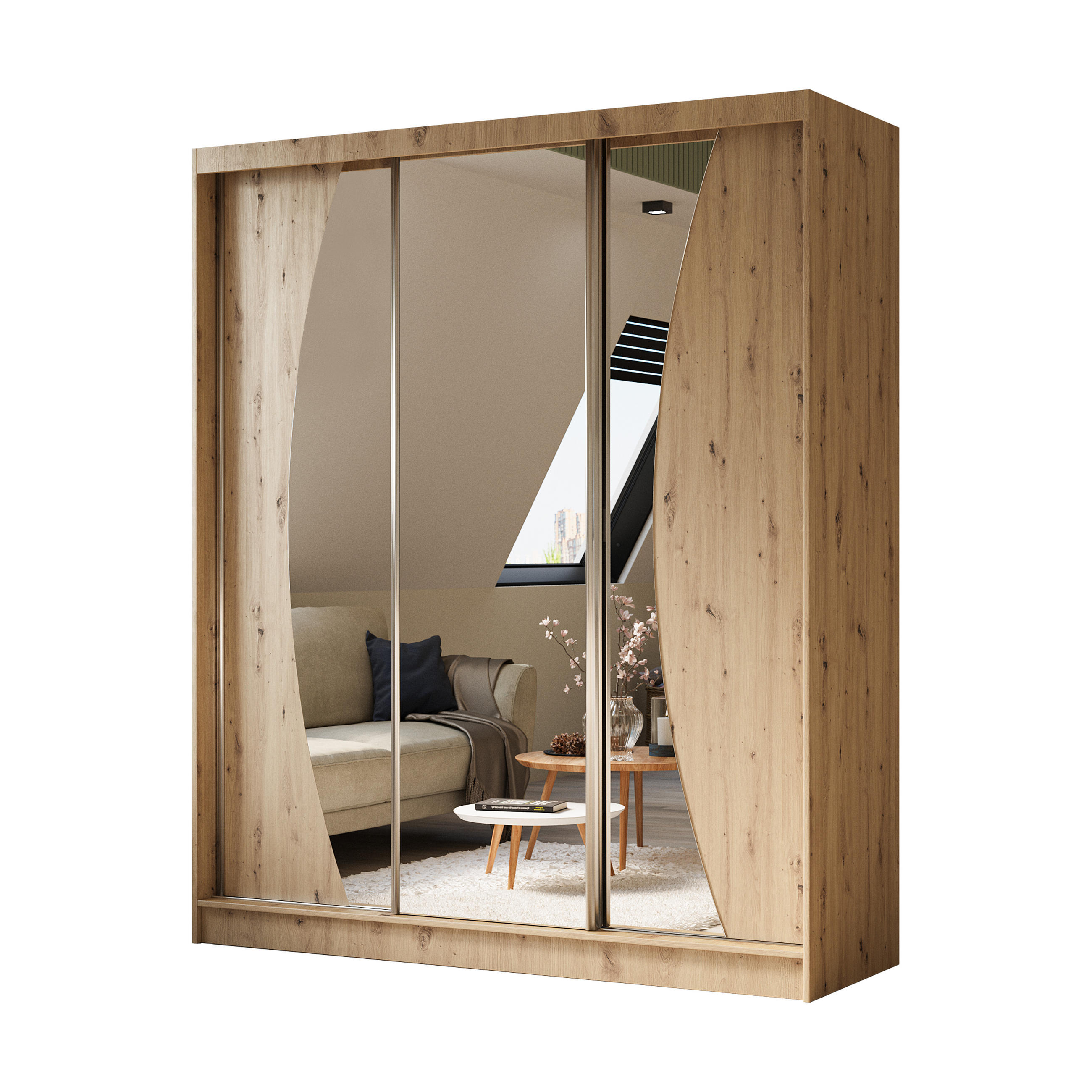 KLEIDERSCHRANK mit Spiegel-Schiebetüren und Aluminium-Leisten - VOXI - 180 cm Eiche Artisan - Eiche Artisan, Holzwerkstoff (180/216/61cm) - ALTDECOR