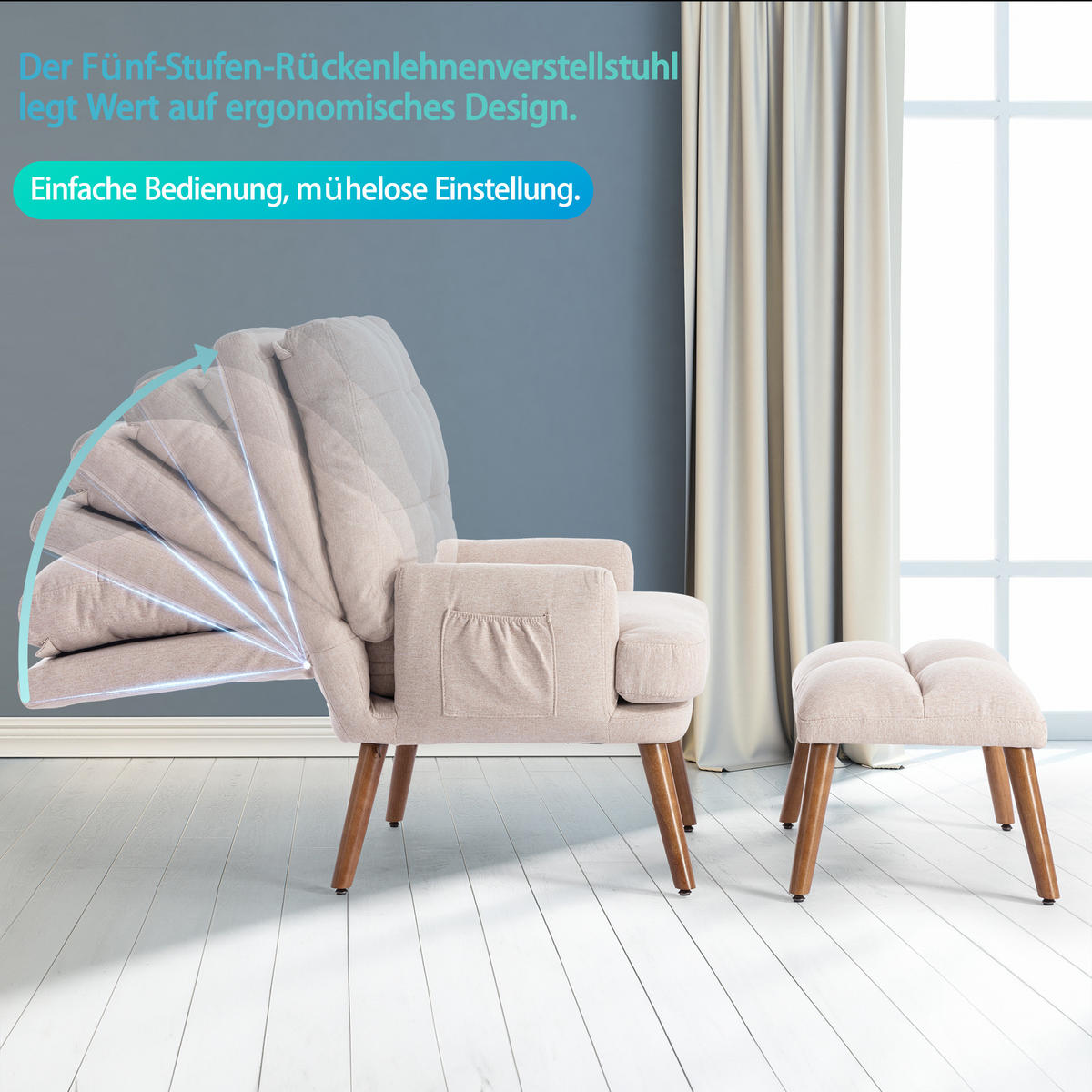 RELAXSESSEL Stoff Beige mit Fußhocker, Seitentasche und verstellbarer Rückenlehne - Beige, Holzwerkstoff/Textil (66/96.5/60cm) - WISHDOR