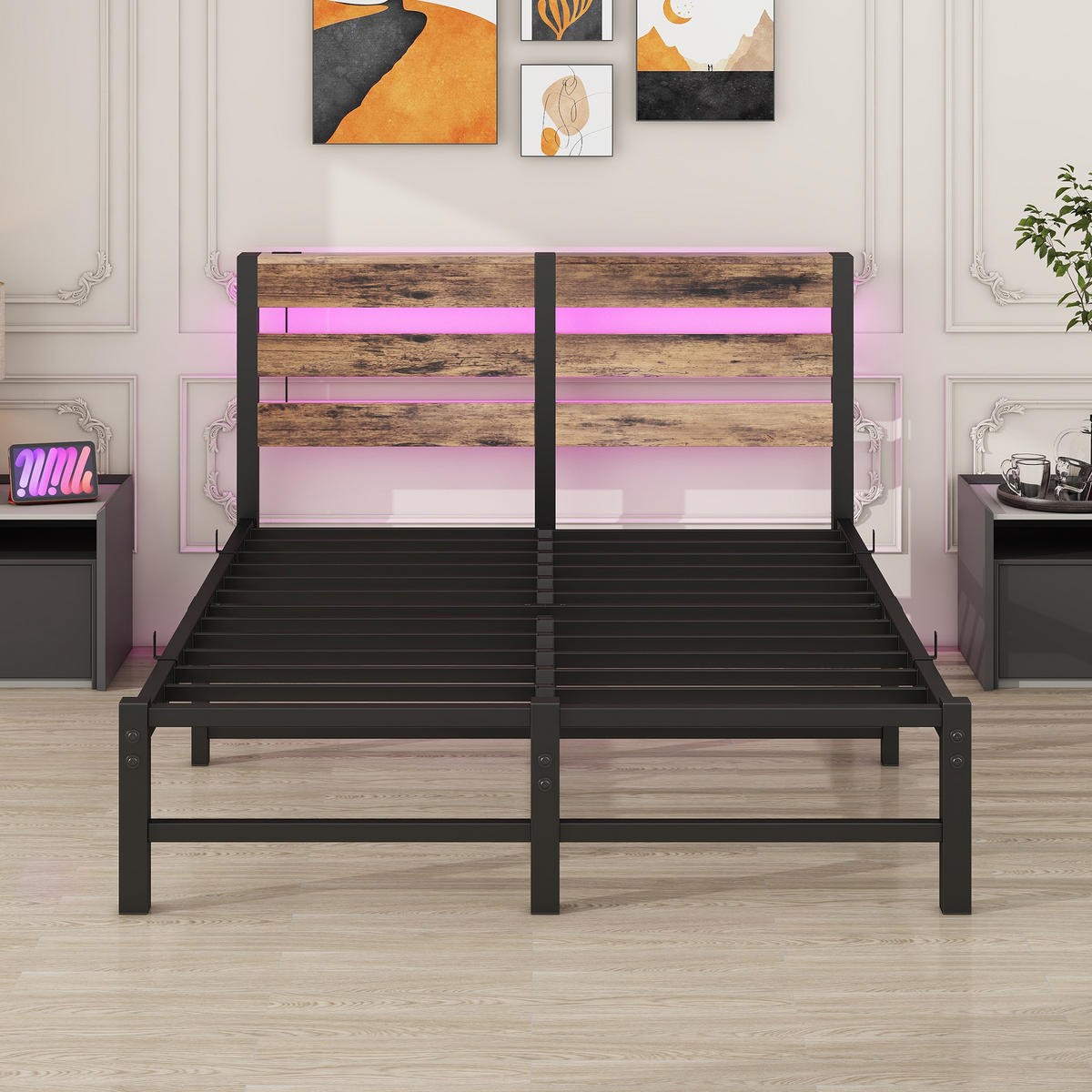 METALLBETT 120x200 cm LED USB Stauraum - Schwarz, Metall (120/200cm) - Fortuna Lai
