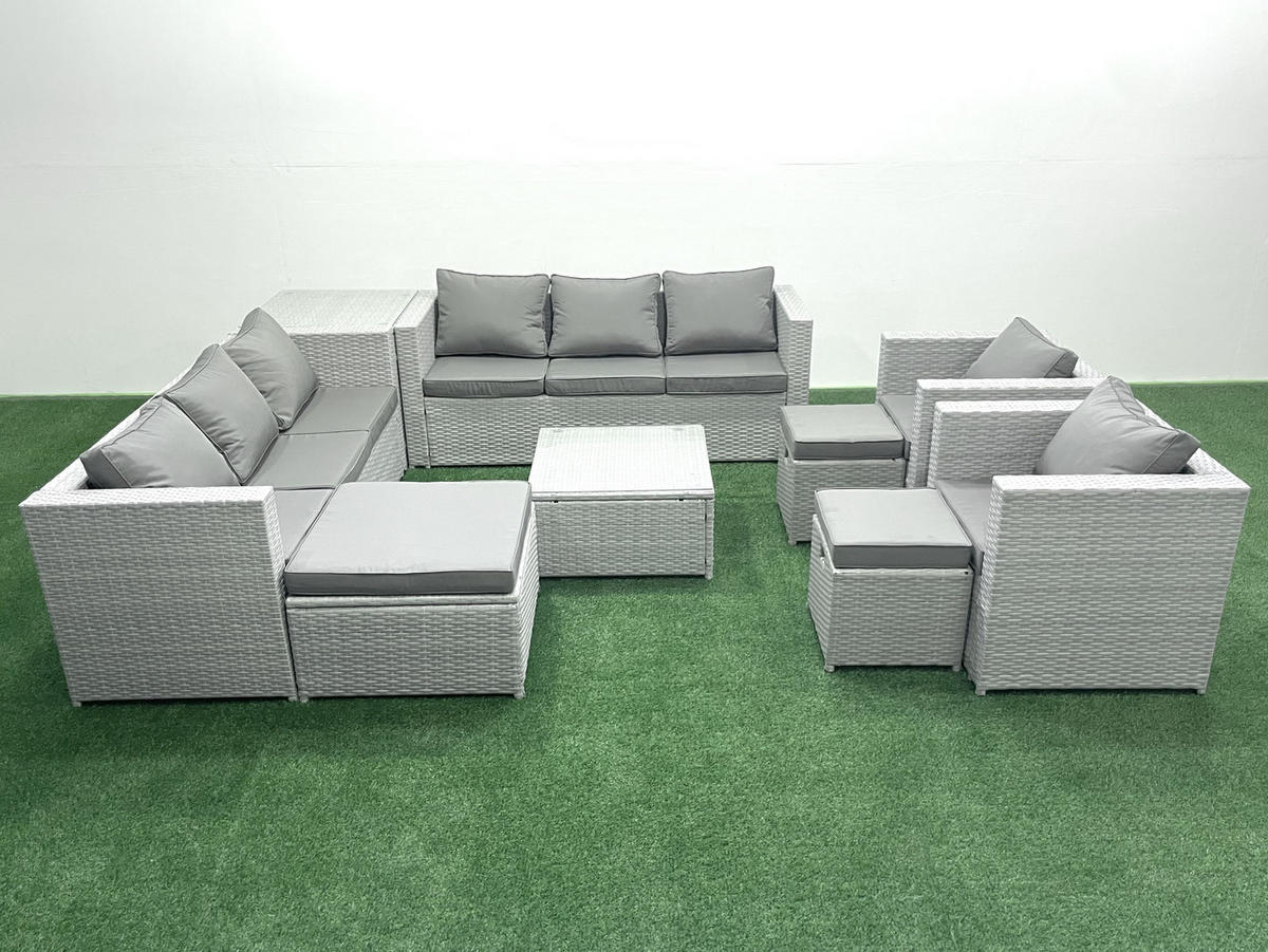 GARTENMÖBEL-SET mit Kissen Polyrattan Hellgrau-Mix 11-Sitzer - Hellgrau/Grau, Glas/Kunststoff - Fimous