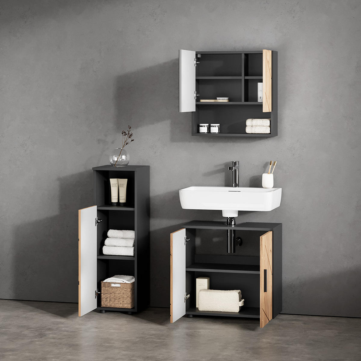 BADMÖBEL-SET Ronco Goldkraft Eiche/Anthrazit 3 Teile - Honigeiche/Anthrazit, Holzwerkstoff (60/95/30cm) - Livinity®