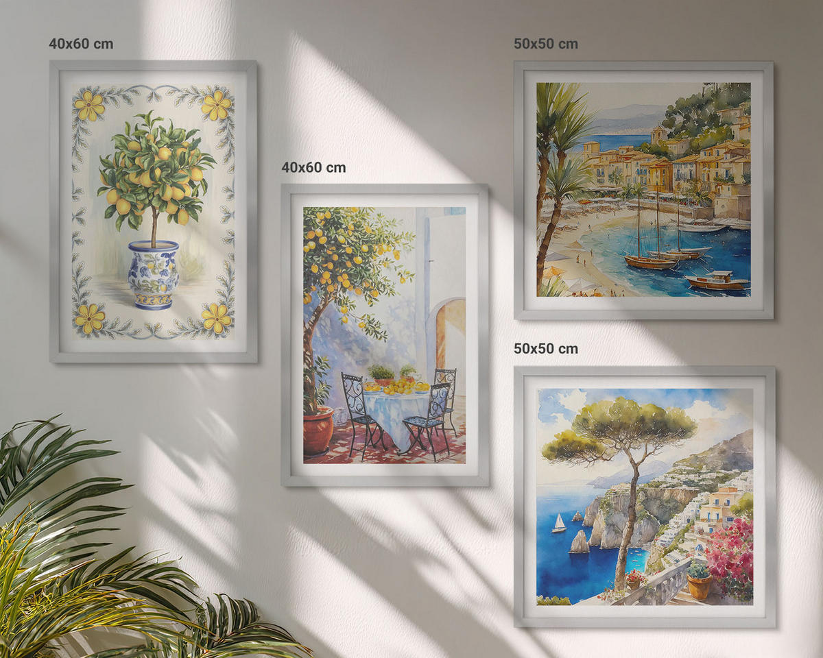 BILDER SET 4er Set - 50x50 cm & 40x60 cm Silberner Rahmen - Blick auf das Meer aus Zitronenbäumen - Silberfarben, Kunststoff (50/50cm) - TULUP
