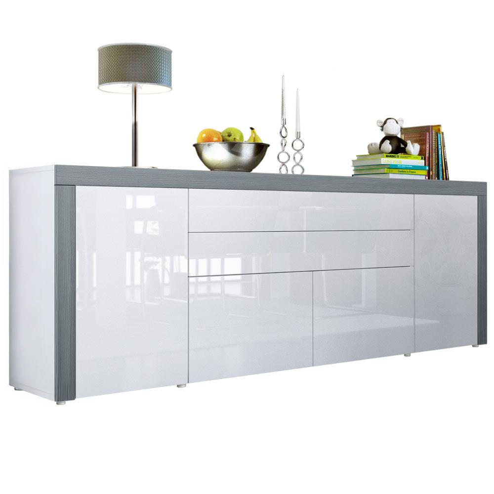 Vladon Sideboard Weiß Hochglanz, Dunkelgrau 200x72x35 cm