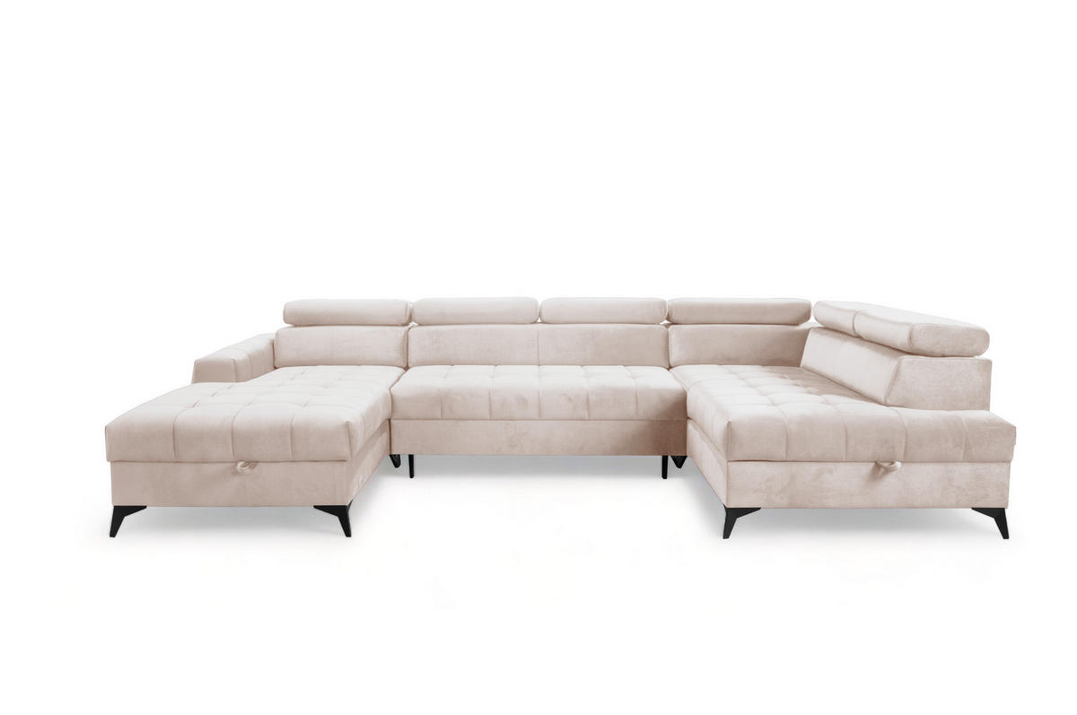 WOHNLANDSCHAFT Arkucio U Beige 345/200/95 cm – großes Sofa mit Schlaffunktion L - Beige/Schwarz, Textil/Metall (200/95/345cm) - AX Living