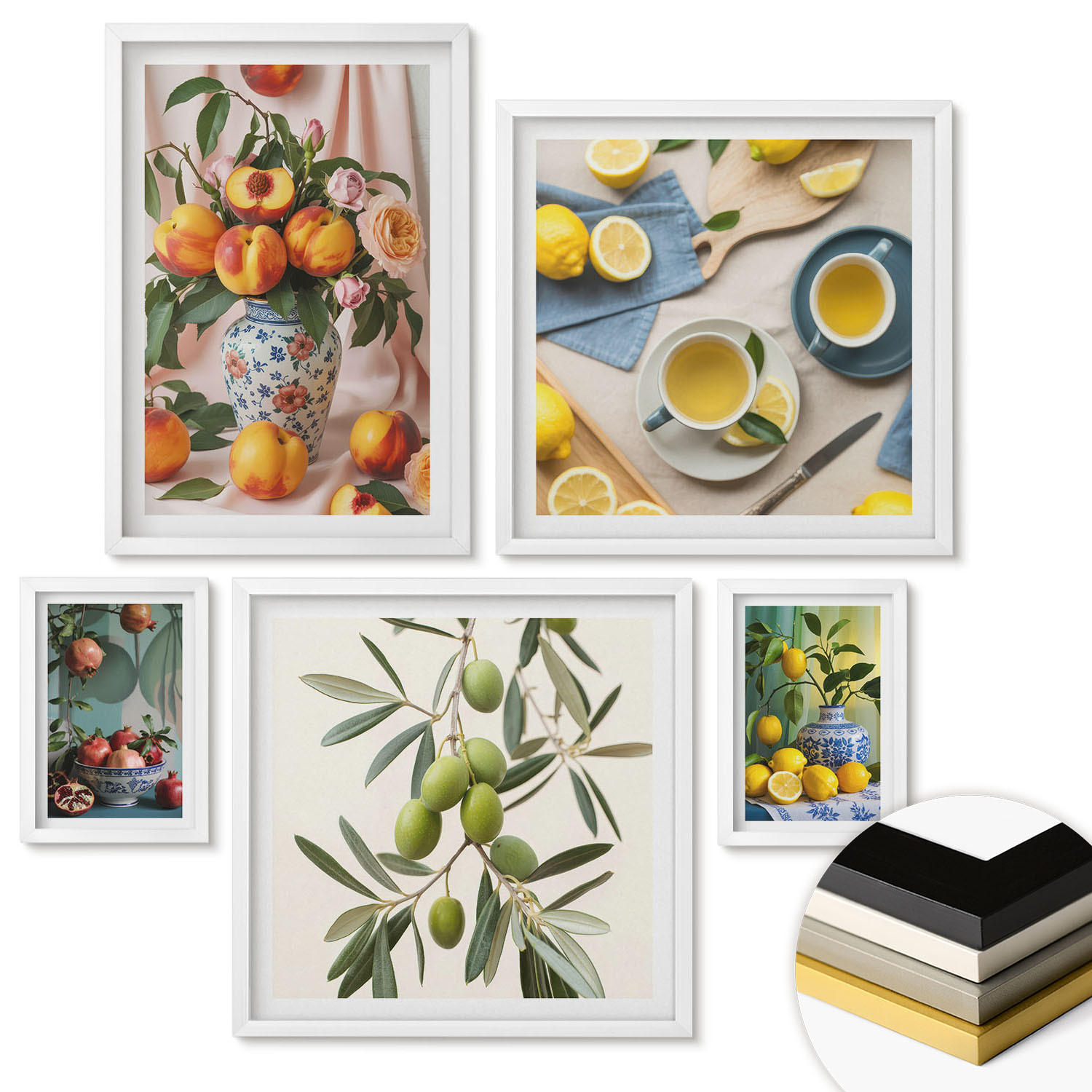 WANDBILDER 5er-Set - 50x50 cm & 20x30 cm & 40x60 cm Weißer Rahmen - Fruchtzusammensetzungen - Weiß, Kunststoff (40/60cm) - ArtPrintCave