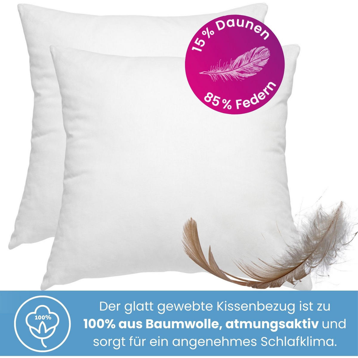 FEDERKISSEN 85% Federn & 15% Daune 45/45 cm Bezug aus 100% Baumwolle - Weiß, Textil (45/45cm) - wometo