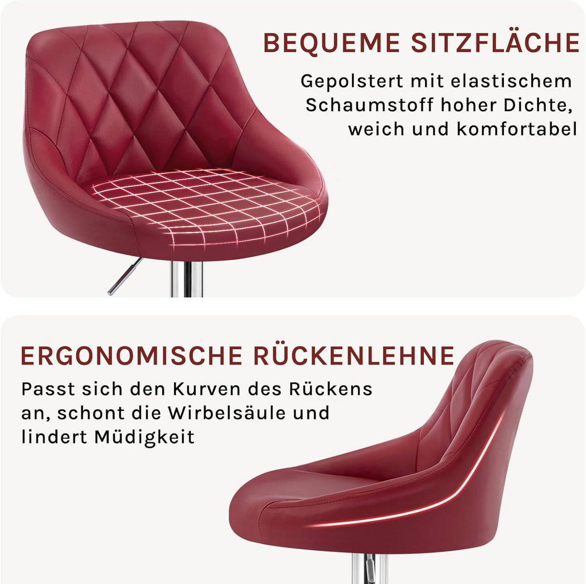BARHOCKER 2er Set, Kunstleder,Höhenverstellbar, 360° Drehbar - Bordeaux, Metall (47/104/39cm) - Woltu