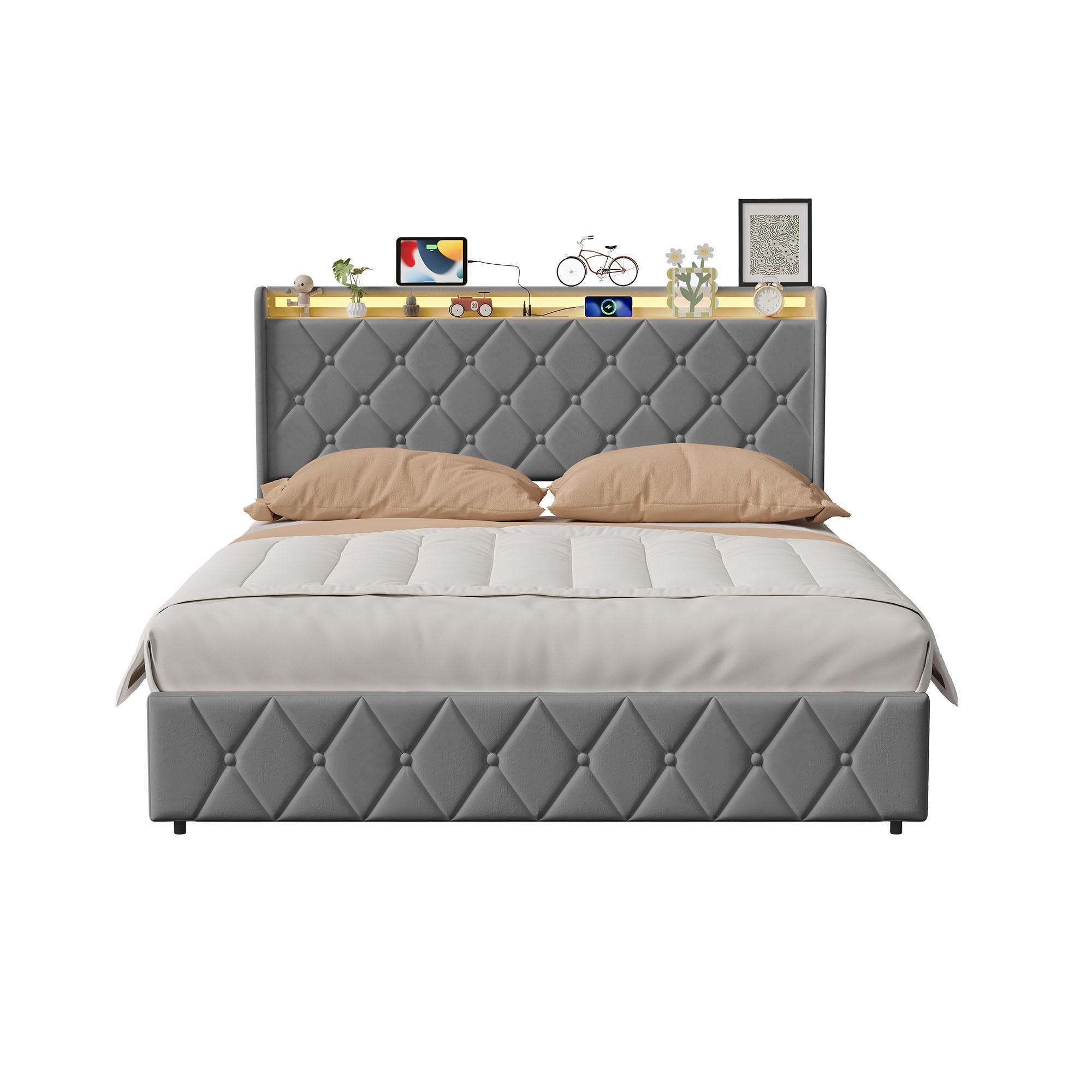 POLSTERBETT 160x200 cm Samt mit LED, USB-C und Stauraum - Dunkelgrau, Holz (160/200cm) - SHOPENTRA
