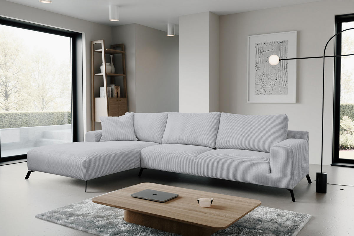 ECKSOFA Aspen in L-Form, Coach Farbe: Hellgrau, Cordstoff, Ottomane Links - Hellgrau, Textil (187/312cm) - VENASI MÖBEL