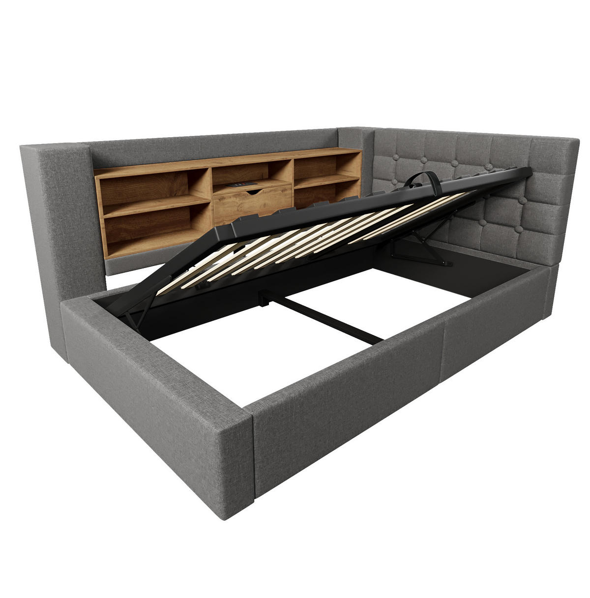 BETT mit Stauraum 90x200 cm Leinen Grau - Grau, Metall (90/200cm) - Meubliv