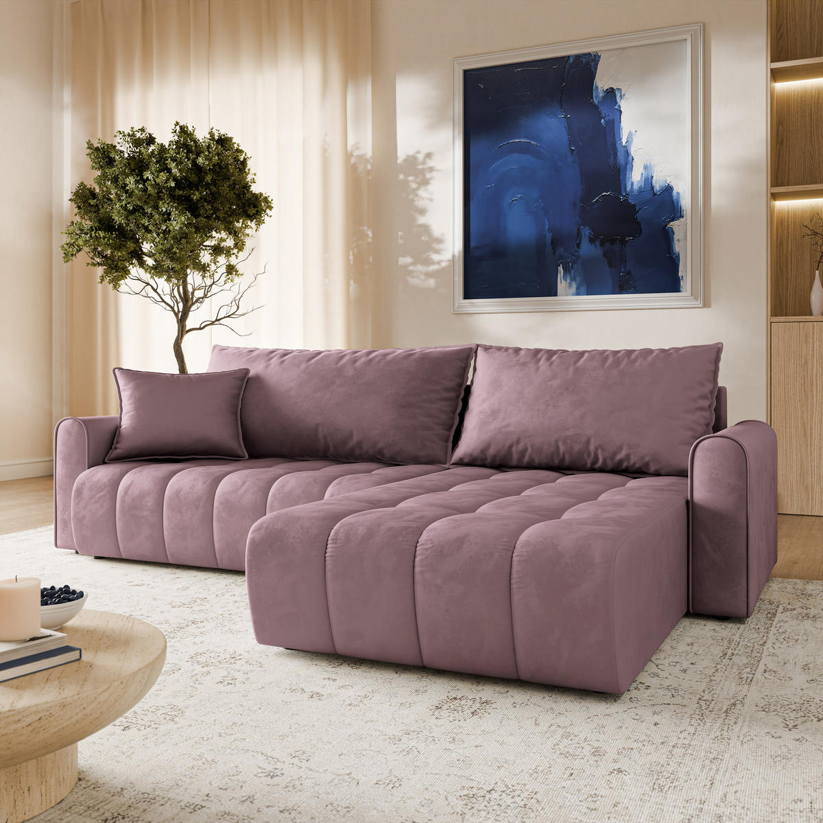 ECKSOFA FRIGA Lila Velours-Stoff mit Schlaffunktion - Lila, Holz (283/185cm) - MASSENO