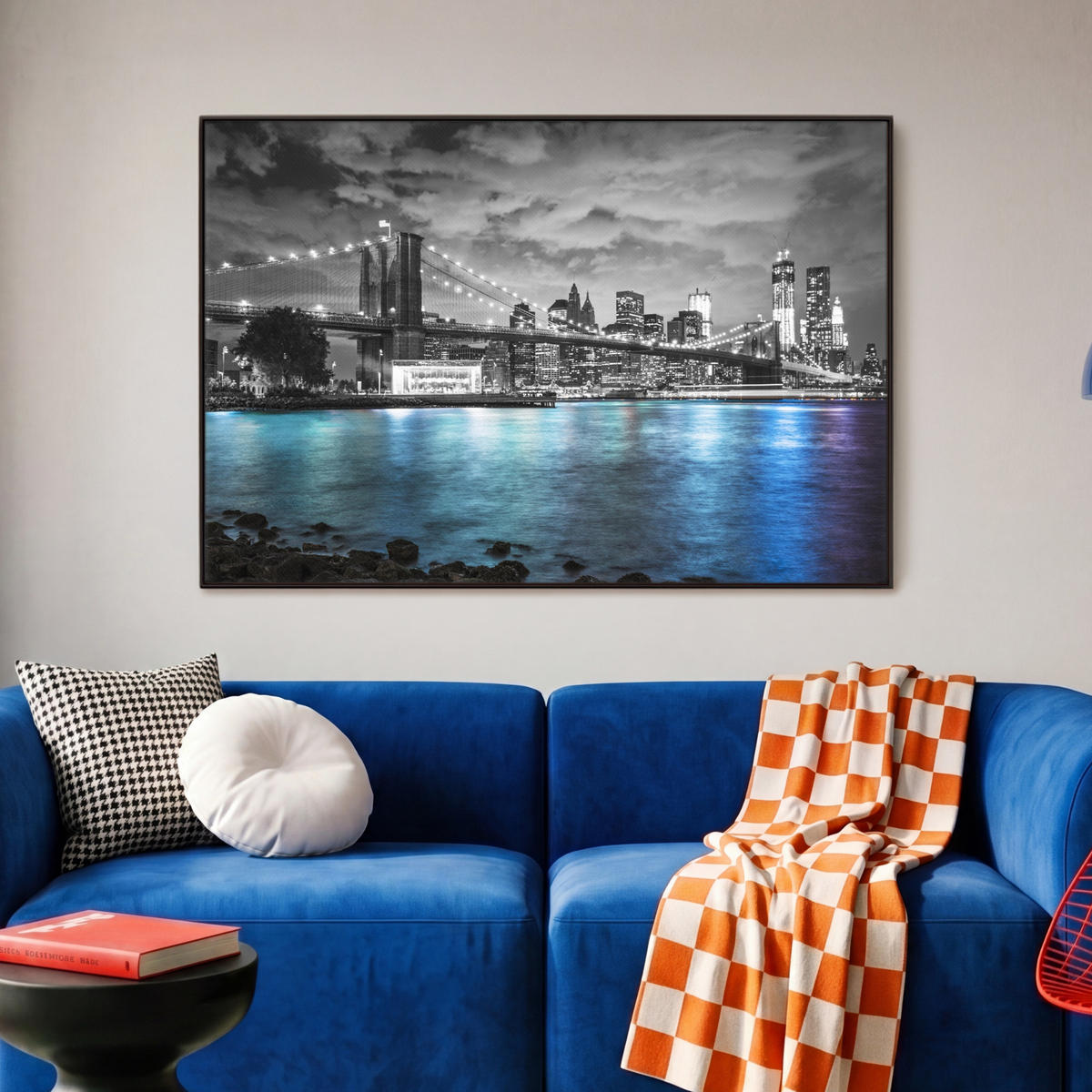 LEINWAND Bilder mit Rahmen - New York - Skyline - Stadt - Blau - 90x60 - Blaugrau, Textil (90/60cm) - MuchoWow