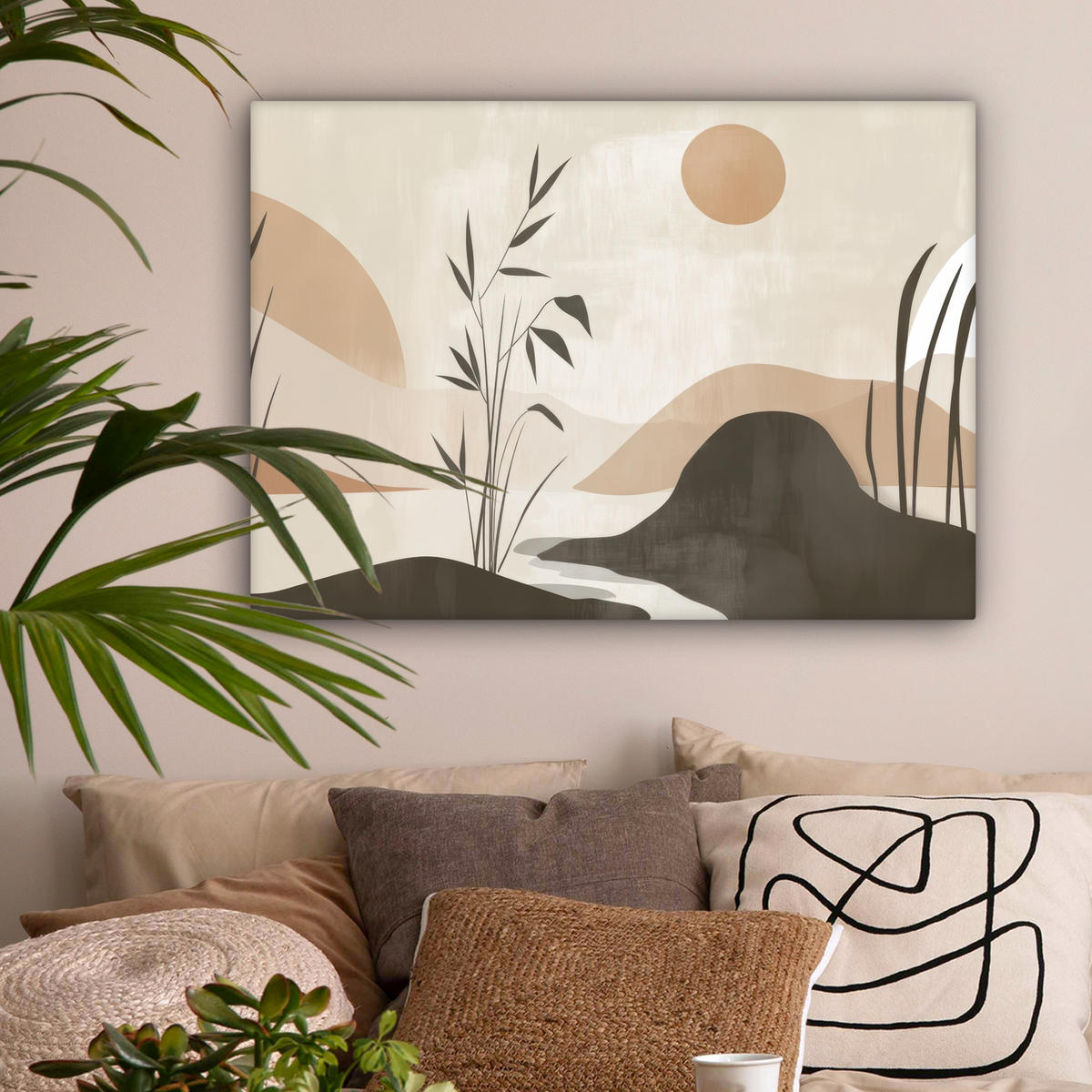 LEINWANDBILD Japandi - Landschaft - Beige Wandbilder 80x60 cm - Cognac, Textil (80/60cm) - MuchoWow