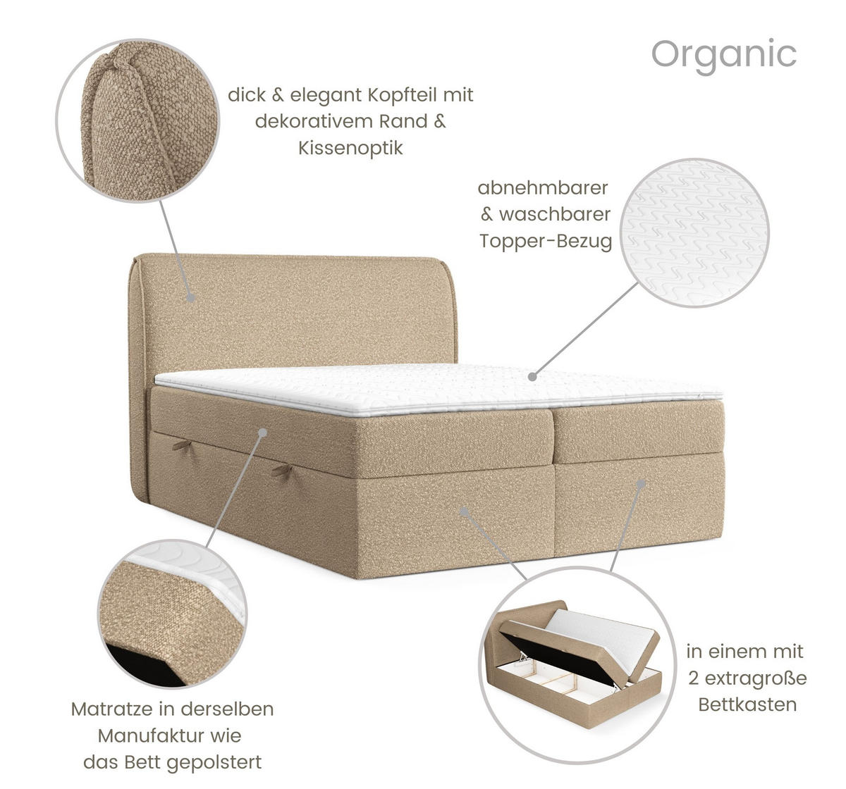 BOXBETT Organic Dunkelbeige 180/200 cm mit Bonellmatratze und Topper - Beige/Schwarz, Holz/Holzwerkstoff (180/200cm) - Maison de Reve
