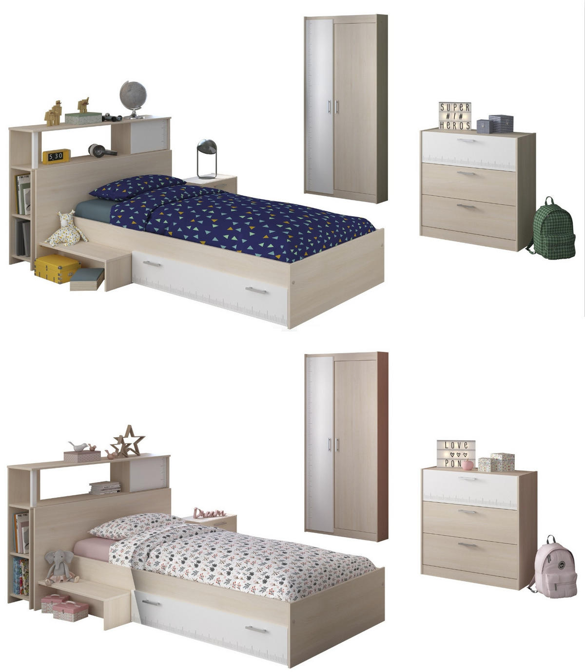 KINDERZIMMER Set 5-tlg Kleiderschrank Kommode Stauraumbett 90 x 200 cm - Silberfarben/Weiß, Holzwerkstoff/Kunststoff (121/180/233cm) - Parisot Meuble