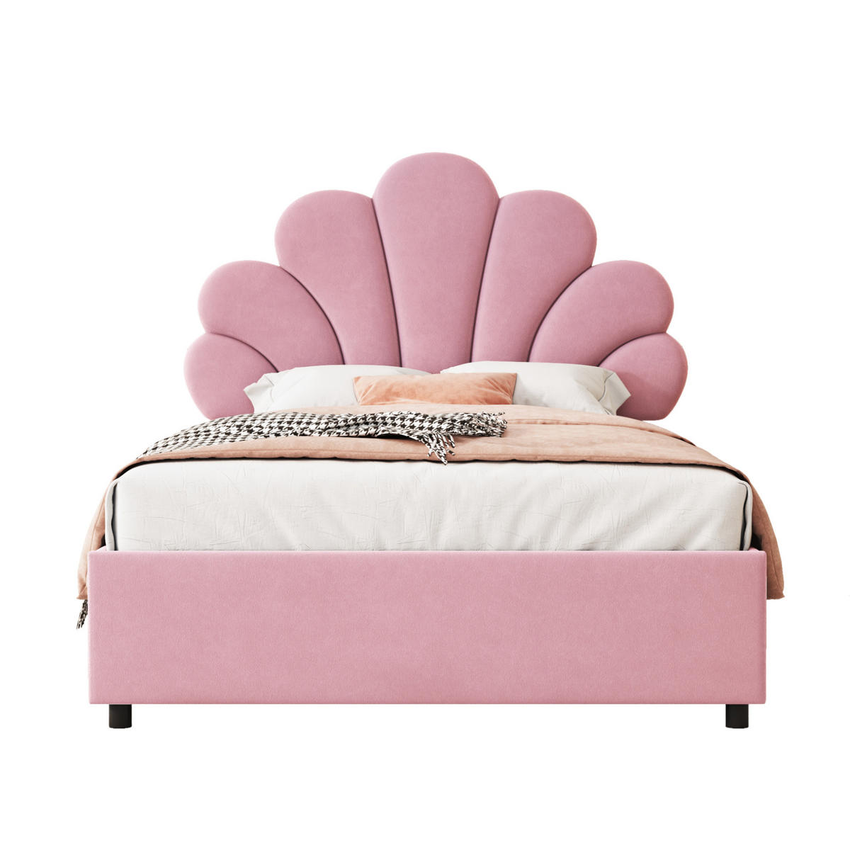KINDERBETT 90/200 cm in Rosa aus Samt mit Stauraum und floralem Kopfteil - Rosa, Textil (90/200cm) - Flora Grace