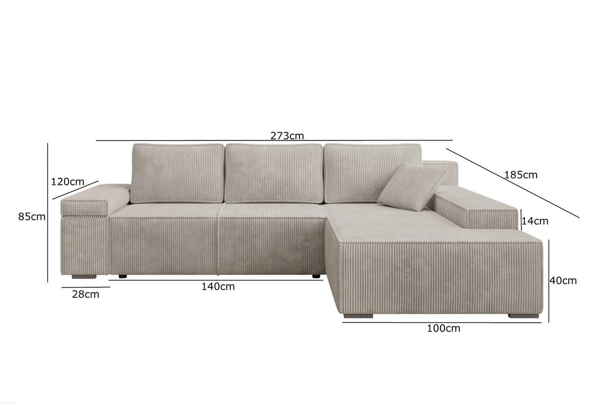 ECKSOFA Milo mit Schlaffunktion und Bettkasten, Couch L-Form, Cord-Stoff, 273x85x185 cm, Beige - Beige, Holz (273/185cm) - PROMETO Möbel