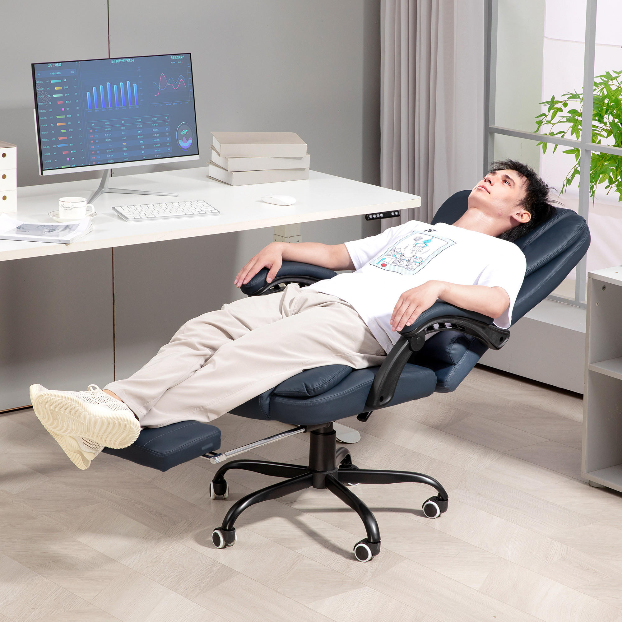BÜROSTUHL mit 7 Punkt Massage, ergonomischer Chefsessel mit Liegefunktion - Blau, Kunststoff (79/121/67cm) - Vinsetto