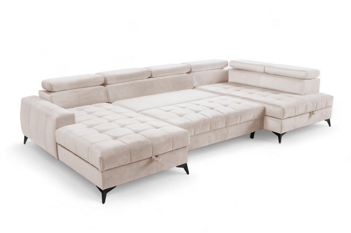 WOHNLANDSCHAFT Arkucio U Beige 345/200/95 cm – großes Sofa mit Schlaffunktion L - Beige/Schwarz, Textil/Metall (200/95/345cm) - AX Living