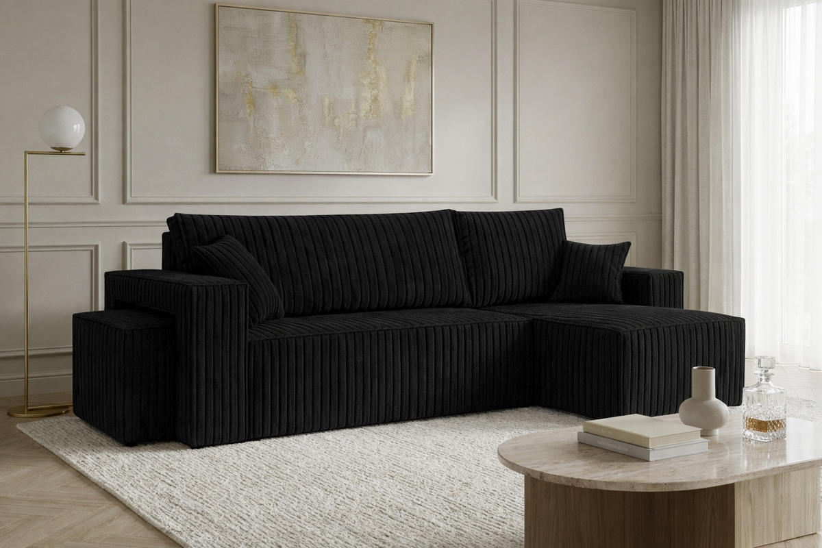 ECKSOFA Mit Schlaffunktion Und Pouf, Cordstoff Tilia, Schwarz, Rechts, Best L Mit Pouf - Schwarz, Holz (244/145cm) - Kaiser Möbel