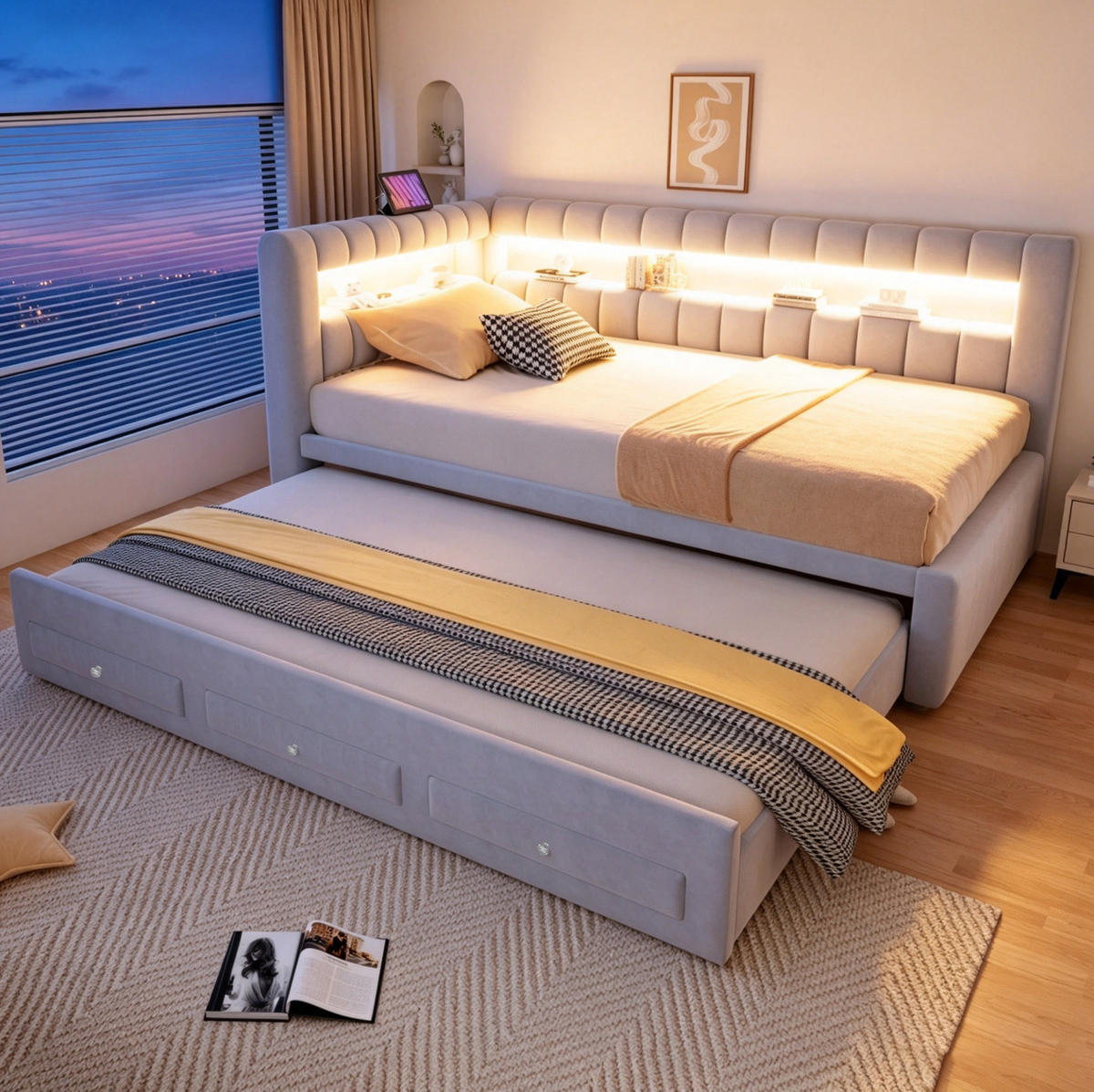 POLSTERBETT Schlafsofa aus Samt 90x190 cm Hellgrau mit Ausziehbett, LED-Beleuchtung, USB-C und Stauraum - Hellgrau, Textil (90/190cm) - Modfu