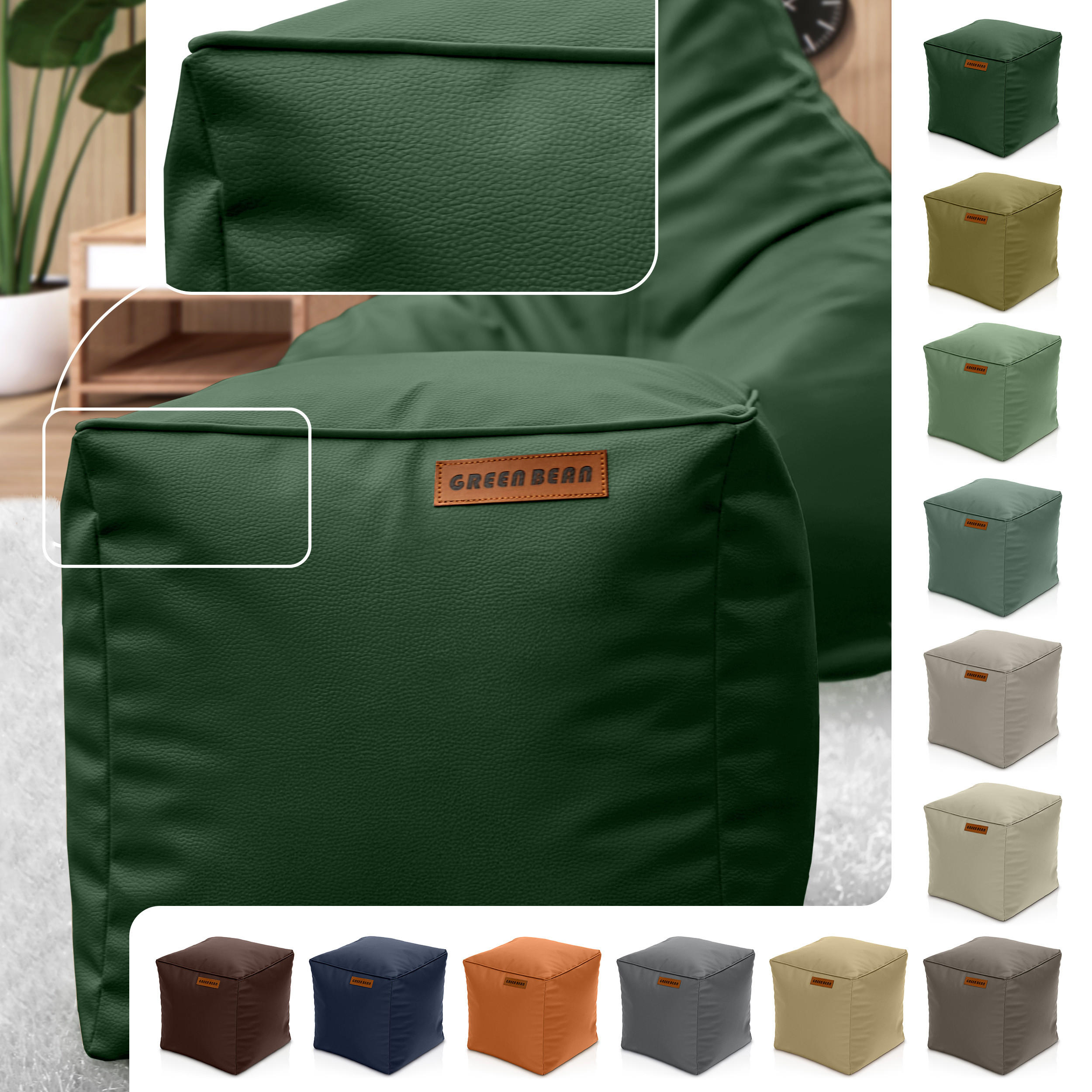 INDOOR HOCKER Cube eckig Kunstleder - Dunkelgrün, Textil (40/40/40cm) - Green Bean