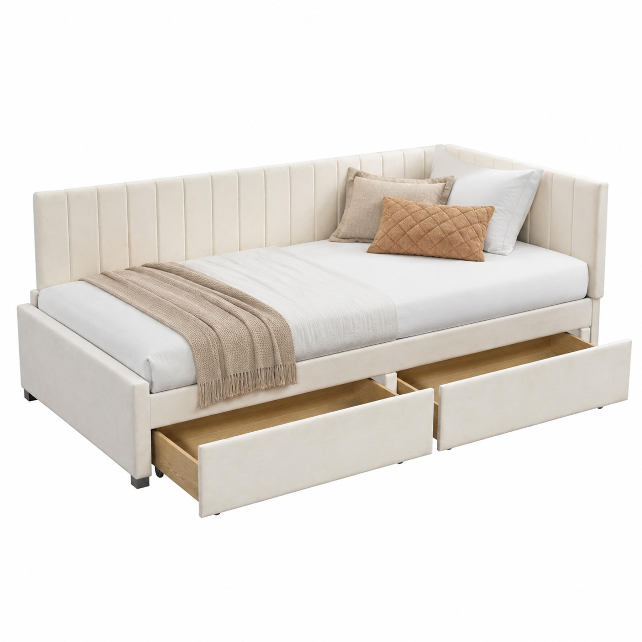 TAGESBETT mit 2 Schubladen 90x200 cm Stoff Beige - Beige, Holz (90/200cm) - Meubliv