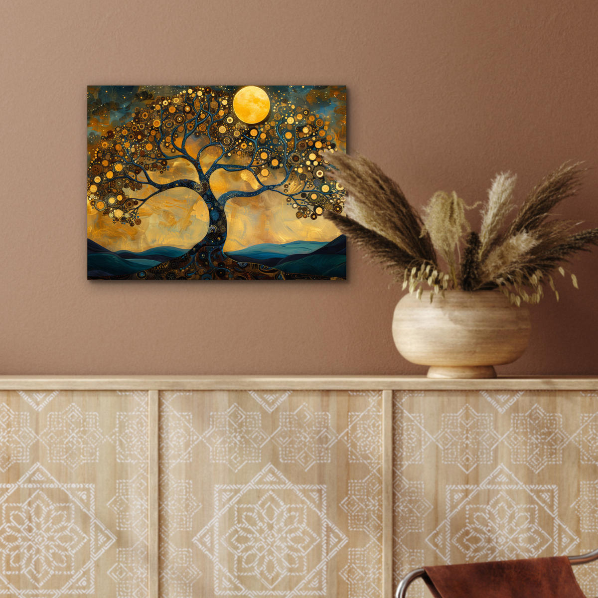 KOVOVÝ OBRAZ Strom - Mesiac - Kvety - Zlato - Umenie 40x30 cm - oranžová, kov (40/30cm) - MuchoWow