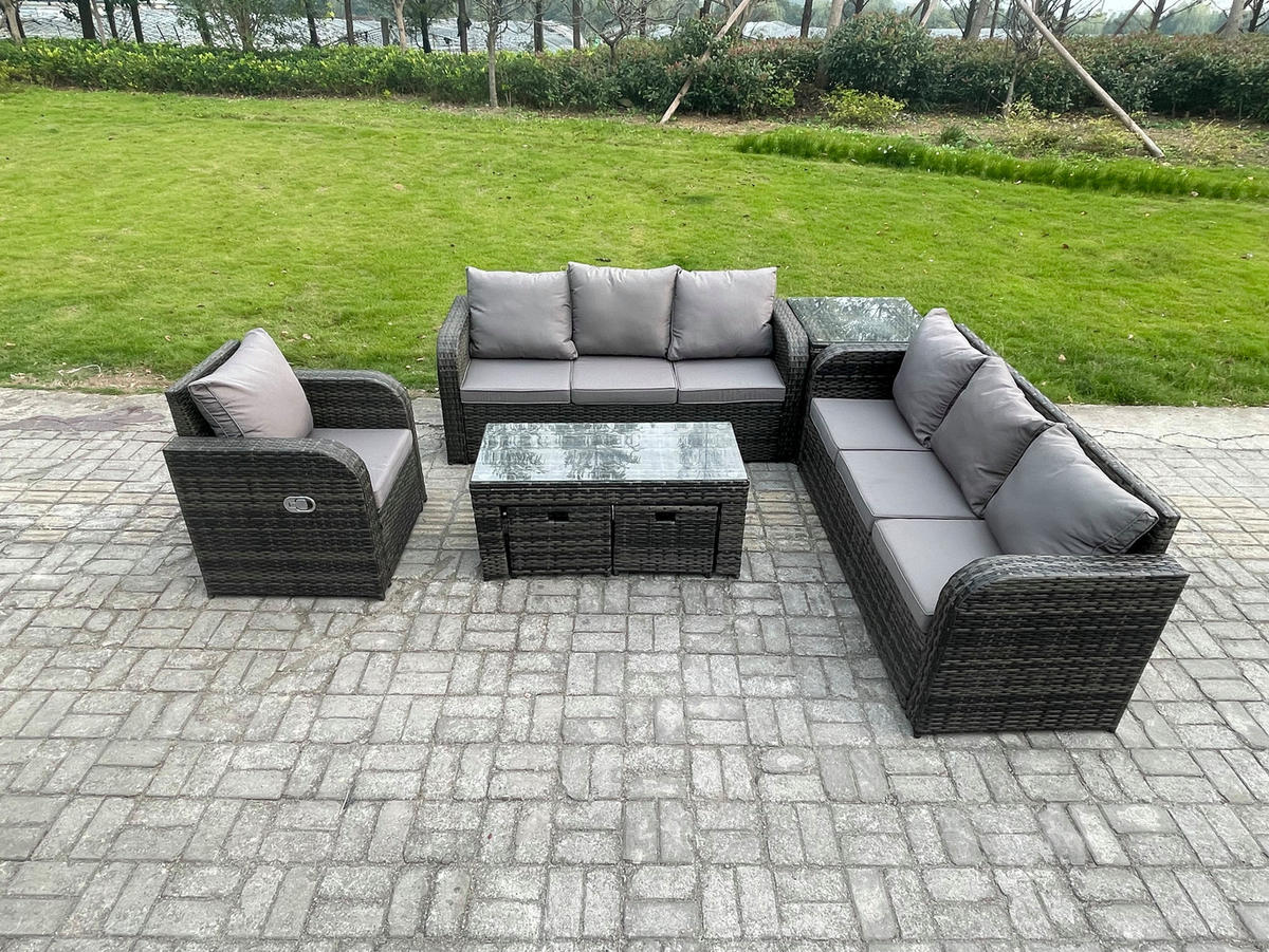 GARTENSOFA SET mit rechteckigem COUCHTISCH Polyrattan 9-Sitzer Dunkelgrau - Dunkelgrau/Grau, Glas/Kunststoff - Fimous