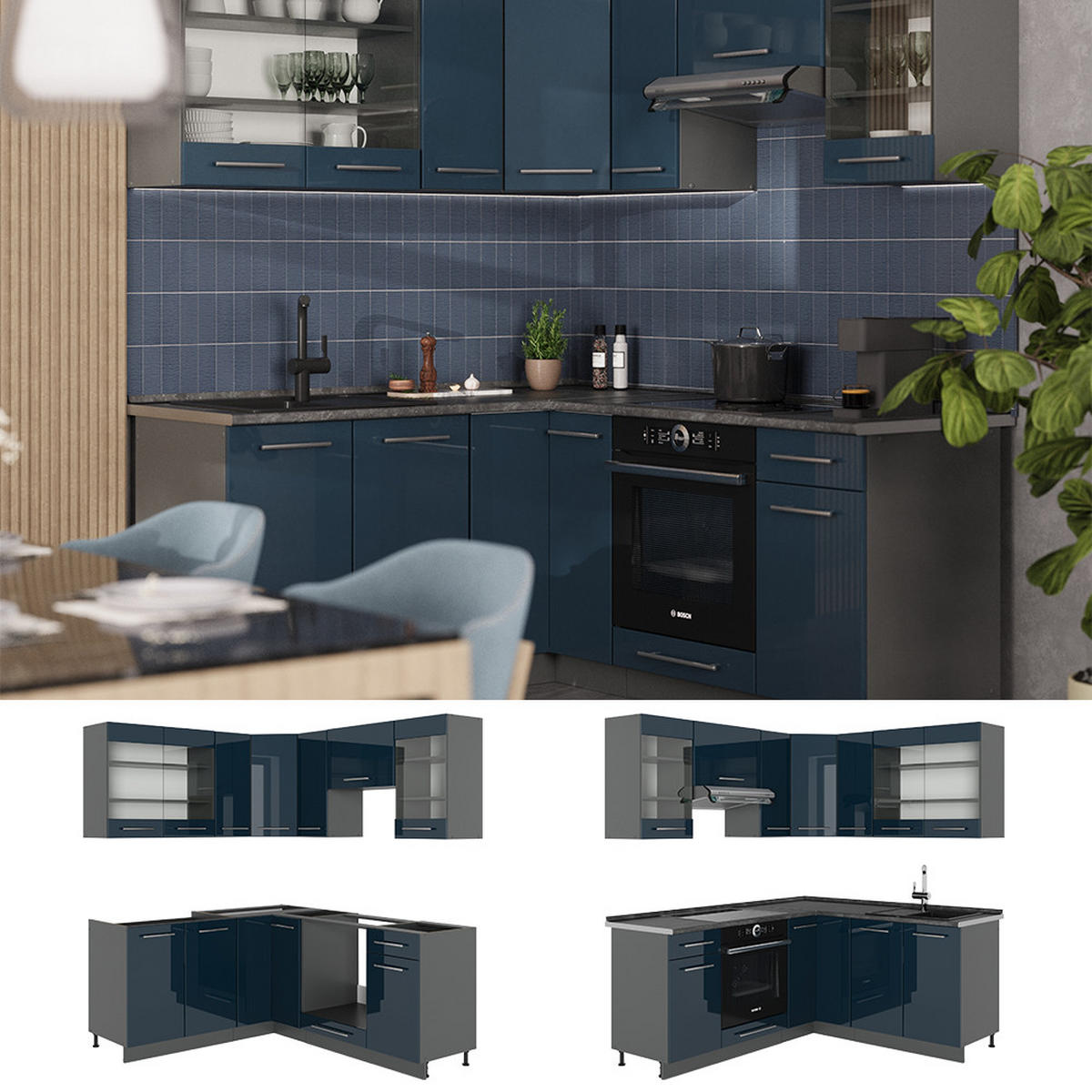 ECKKÜCHE Fame-Line Dunkelblau Hochglanz/Anthrazit 160 x 190 cm AP Anthrazit - Anthrazit/Dunkelblau, Holzwerkstoff (190/81.6/60cm) - Vicco