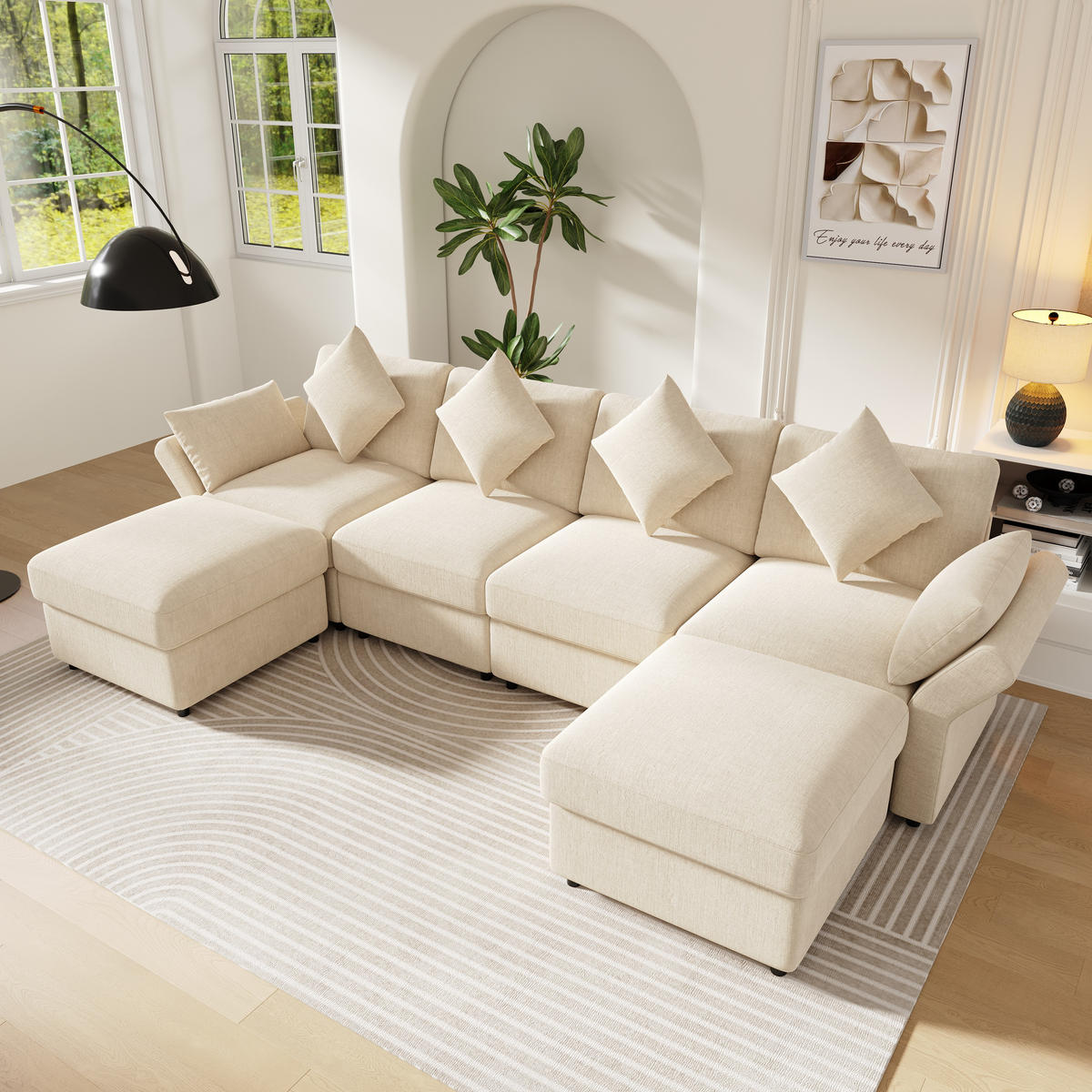WOHNLANDSCHAFT 284/156.5/86 cm Beige mit 2 Hockern und verstellbaren Armlehnen - Beige, Textil (284/86/156.5cm) - Oxeza